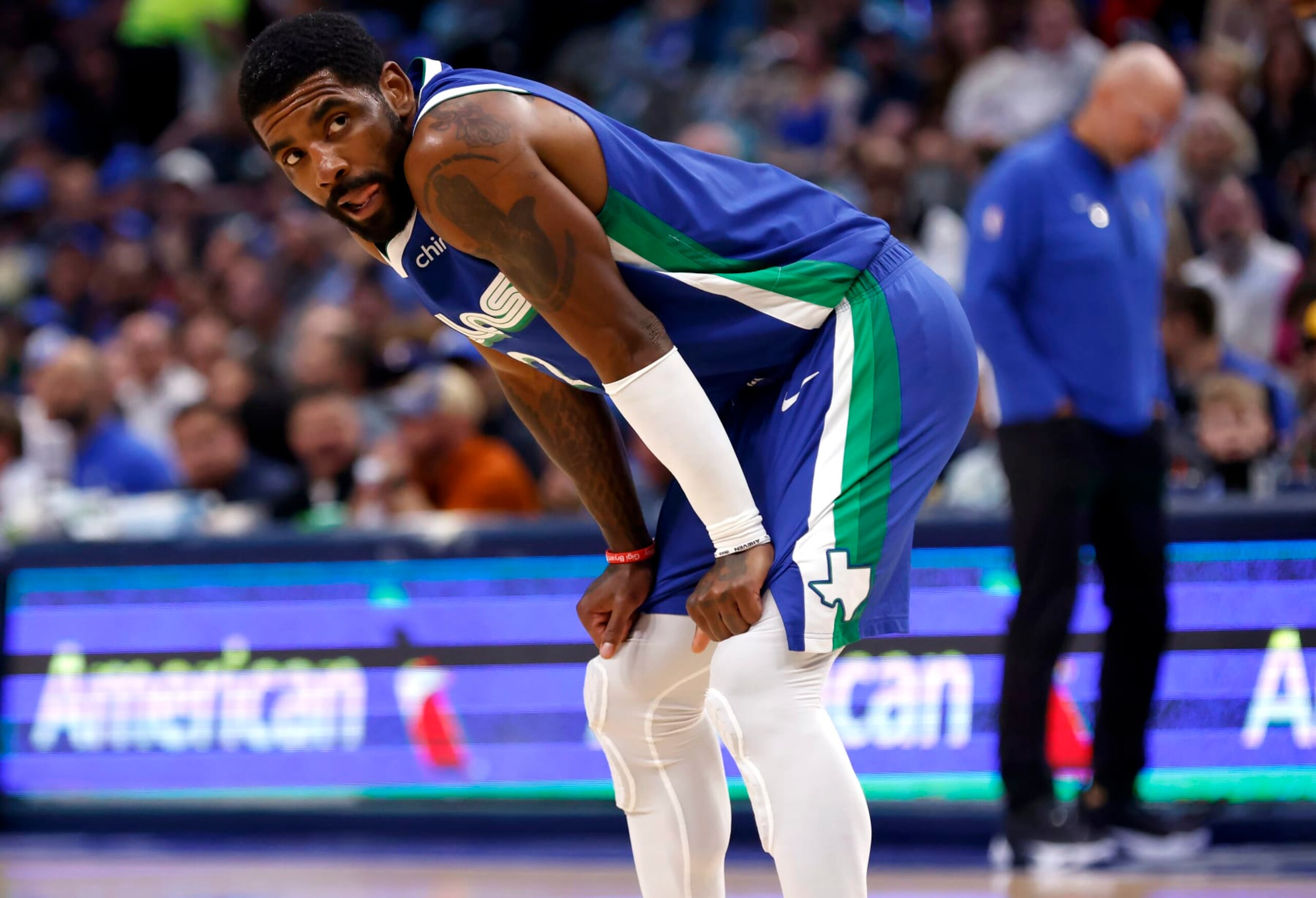 DALLAS, TX - APRIL 5: Kyrie Irving #2 of the Dallas Mavericks looks on during a break in the action against the Sacramento Kings in the first half at American Airlines Center on April 5, 2023 in Dallas, Texas. NOTE TO USER: User expressly acknowledges and agrees that, by downloading and or using this photograph, User is consenting to the terms and conditions of the Getty Images License Agreement. (Photo by Ron Jenkins/Getty Images)