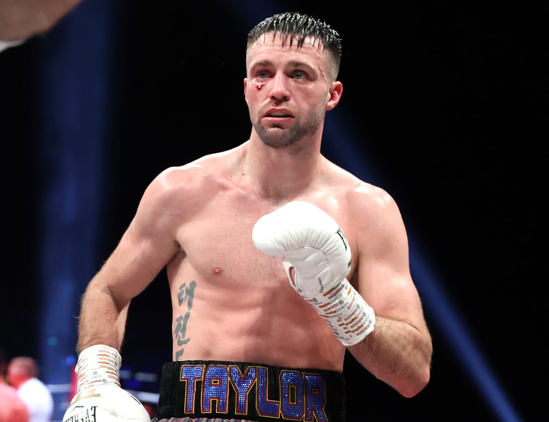 GLASGOW, SCOTLAND - FEBRUARY 26: Undisputed super lightweight champion Josh Taylor gets cut during his fight with Jack Catterall for the undisputed super lightweight championship at The OVO Hydro on February 26, 2022 in Glasgow, Scotland. (Photo by Mikey Williams/Top Rank Inc via Getty Images
