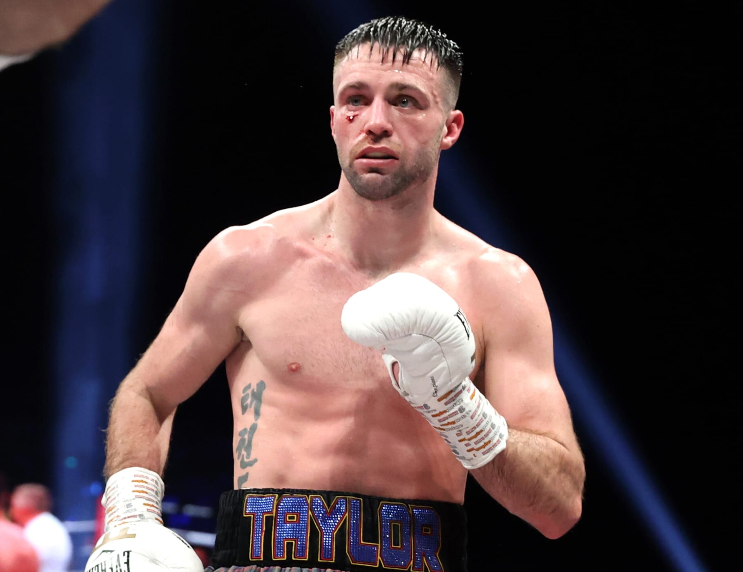 GLASGOW, SCOTLAND - FEBRUARY 26: Undisputed super lightweight champion Josh Taylor gets cut during his fight with Jack Catterall for the undisputed super lightweight championship at The OVO Hydro on February 26, 2022 in Glasgow, Scotland. (Photo by Mikey Williams/Top Rank Inc via Getty Images