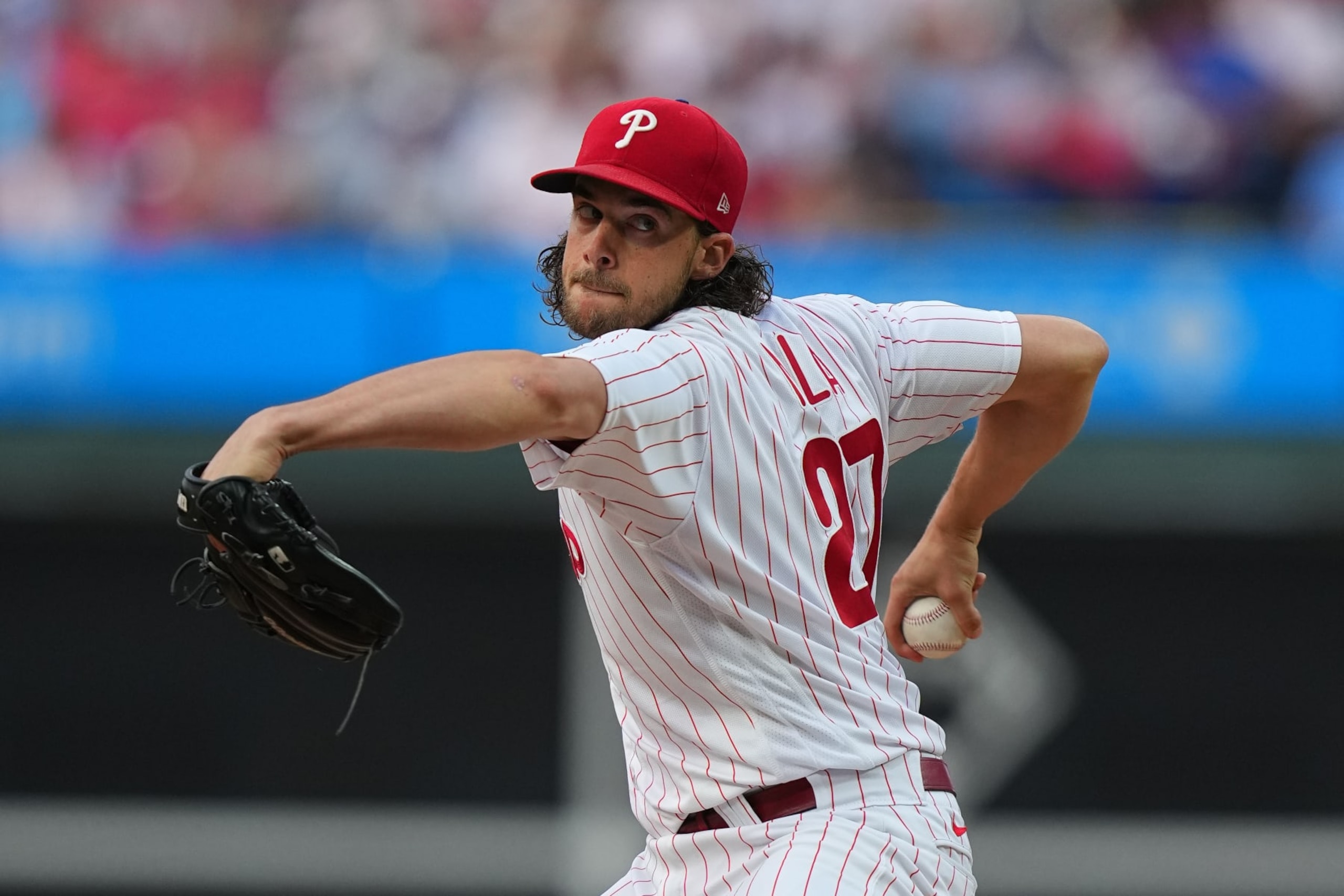 PHILADELPHIA, PA - JUNE 5: Aaron Nola #27 of the Philadelphia Phillies pitches in the top of the second inning against the Detroit Tigers at Citizens Bank Park on June 5, 2023 in Philadelphia, Pennsylvania. (Photo by Mitchell Leff/Getty Images)