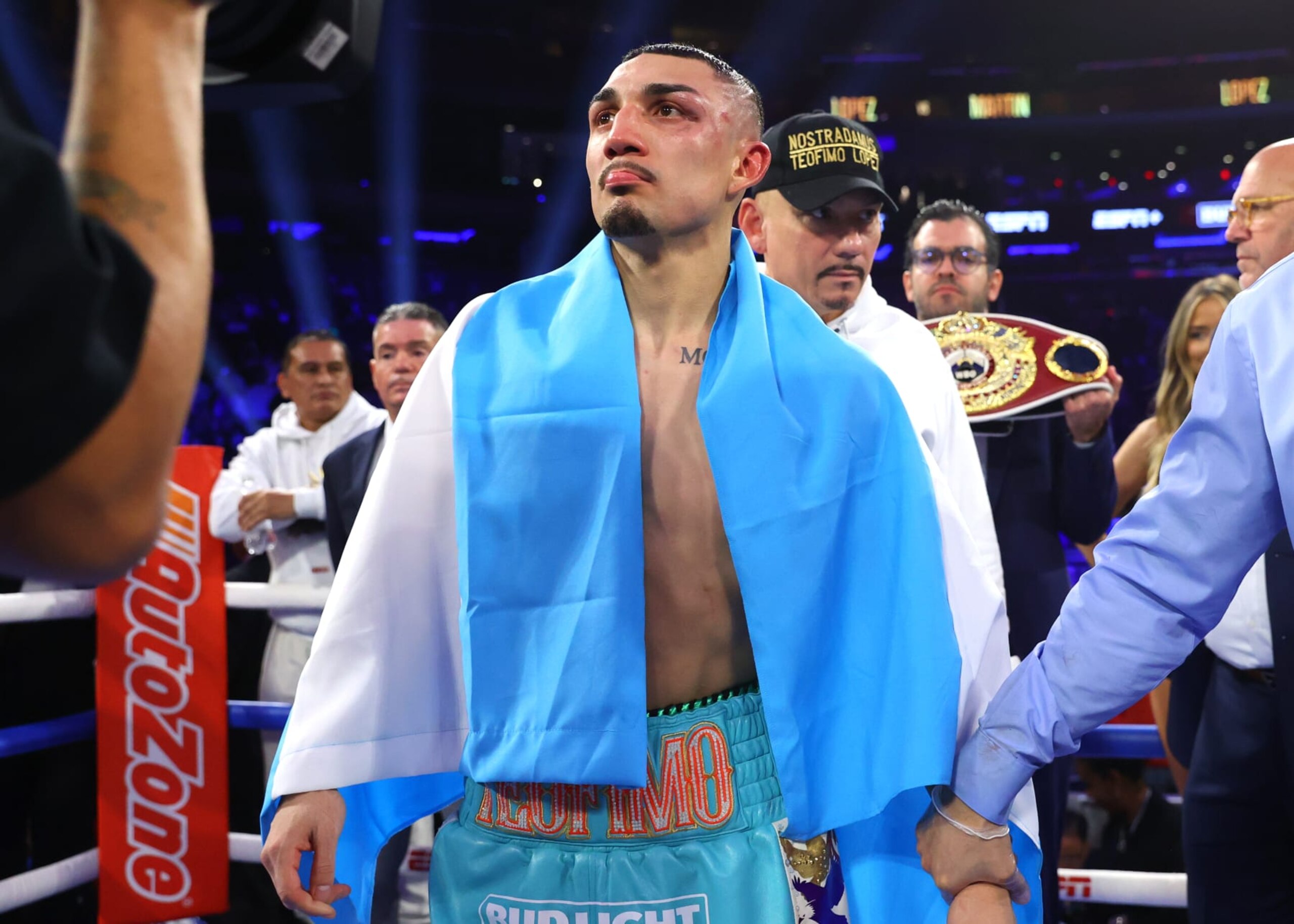 NEW YORK, NEW YORK - DECEMBER 10: Teofimo Lopez celebrates after defeating Sandor Martin, during their junior welterweight fight at Madison Square Garden on December 10, 2022 in New York City. (Photo by Mikey Williams/Top Rank Inc via Getty Images)