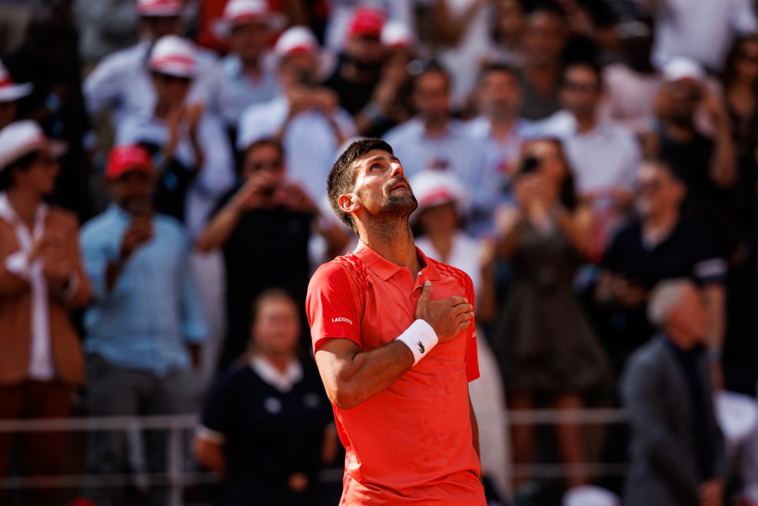 PARIS, FRANCE - JUNE 09: Novak Djokovic of Serbia celebrates his victory over Carlos Alcaraz of Spain in the semi-finals of the men's singles at Roland Garros on June 09, 2023 in Paris, France. (Photo by Frey/TPN/Getty Images)