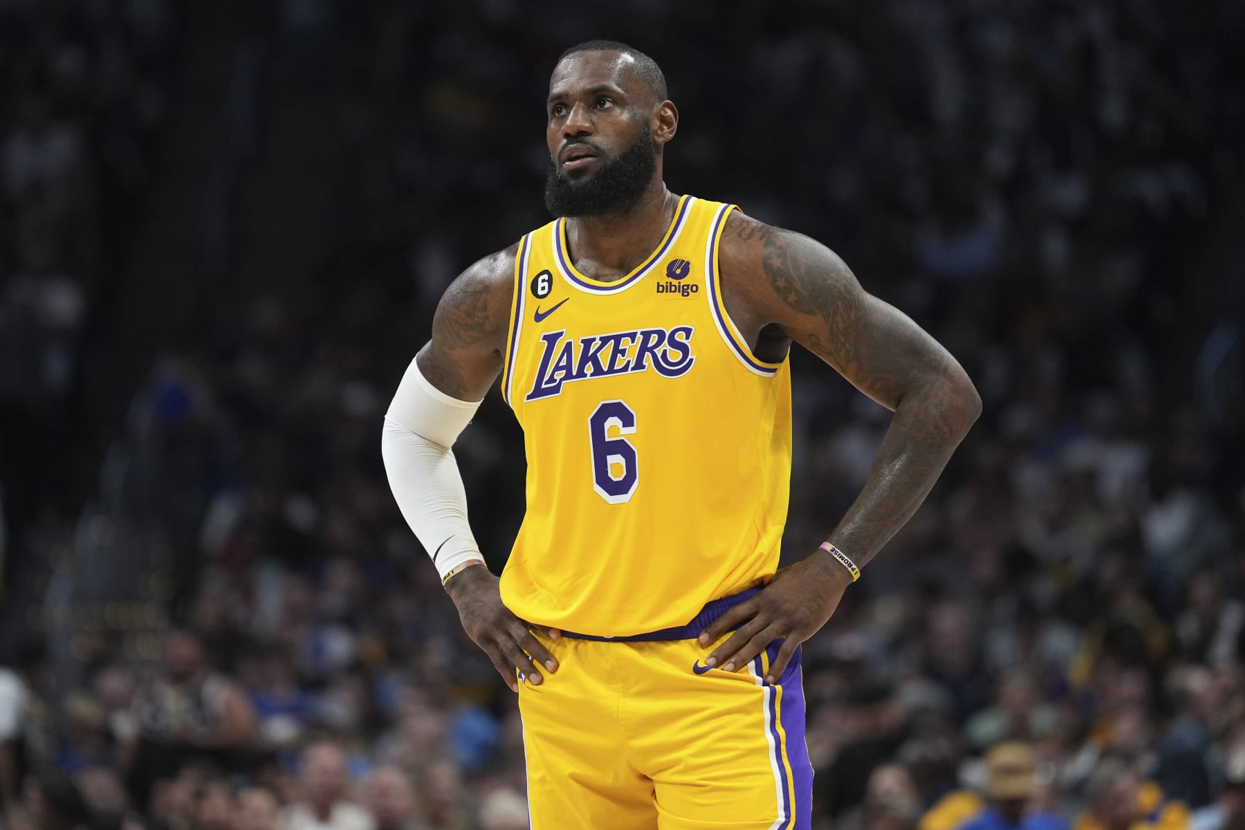 Los Angeles Lakers forward LeBron James (6) watches during the first half of Game 2 of the NBA basketball Western Conference Finals series against the Denver Nuggets, Thursday, May 18, 2023, in Denver. (AP Photo/Jack Dempsey)