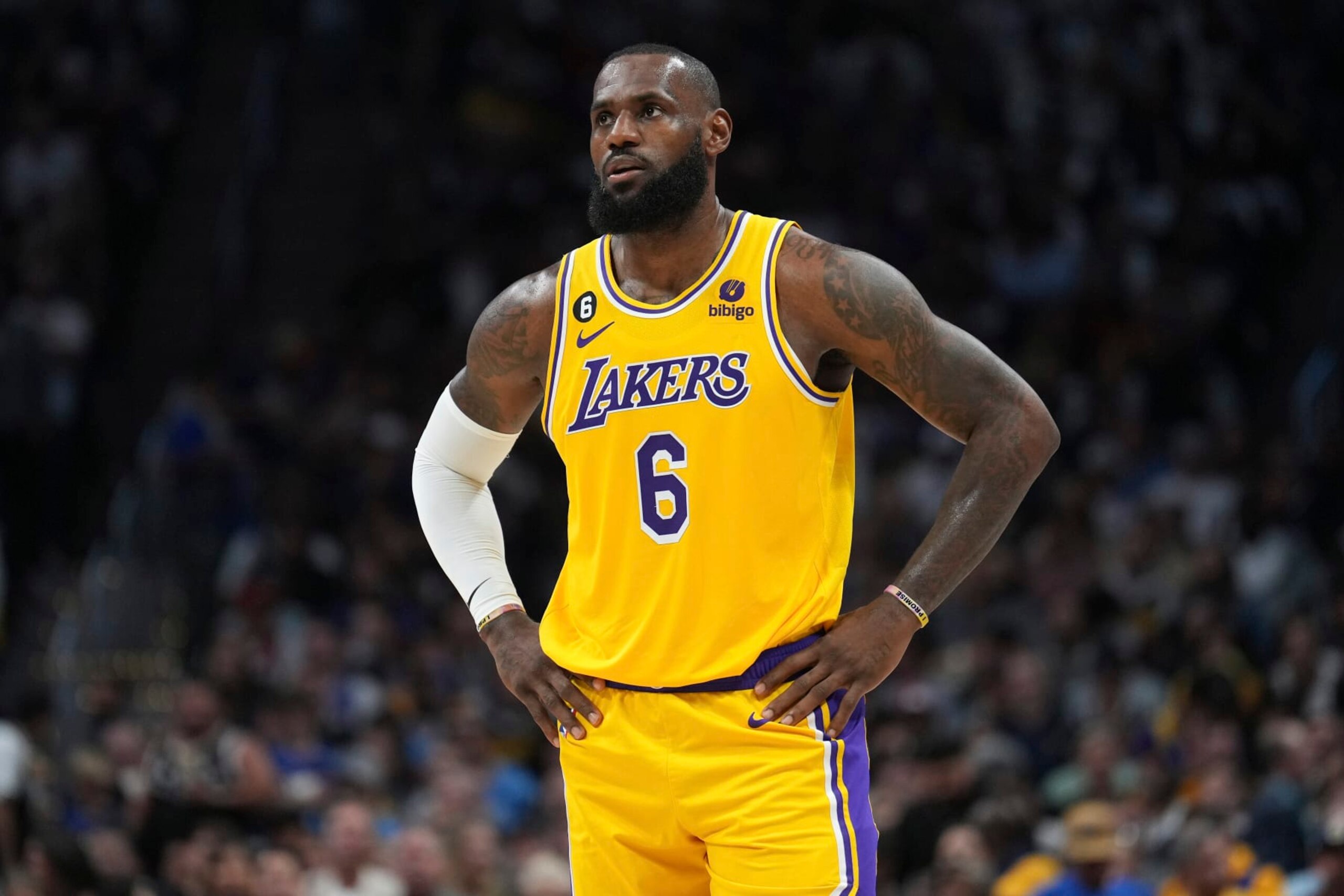 Los Angeles Lakers forward LeBron James (6) watches during the first half of Game 2 of the NBA basketball Western Conference Finals series against the Denver Nuggets, Thursday, May 18, 2023, in Denver. (AP Photo/Jack Dempsey)
