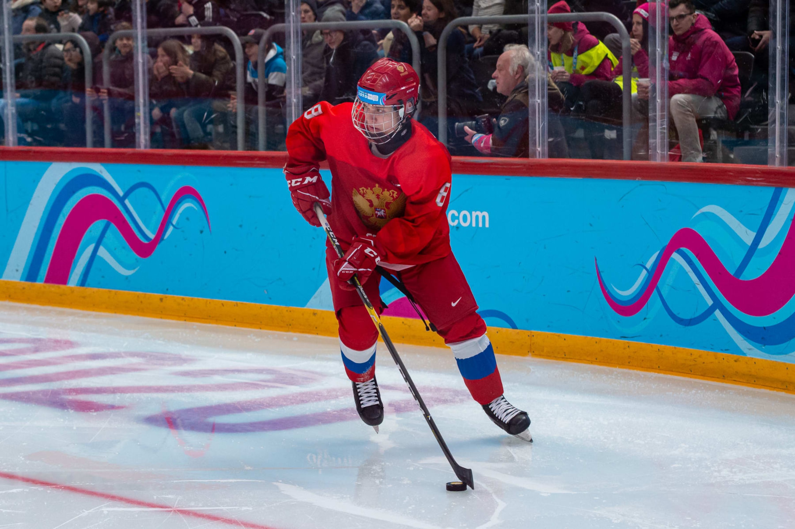 LAUSANNE, SWITZERLAND - JANUARY 22: #8 Mikhail Gulyayev of Russian Federation in action during Men's 6-Team Tournament Gold Medal Game between Russia and United States of the Lausanne 2020 Winter Youth Olympics on January 22, 2021 in Lausanne, Switzerland. (Photo by RvS.Media/Monika Majer/Getty Images) LAUSANNE, SWITZERLAND - JANUARY 22: #8 Mikhail Gulyayev of Russian Federation in action during Men's 6-Team Tournament Gold Medal Game between Russia and United States of the Lausanne 2020 Winter Youth Olympics on January 22, 2021 in Lausanne, Switzerland. (Photo by RvS.Media/Monika Majer/Getty Images)