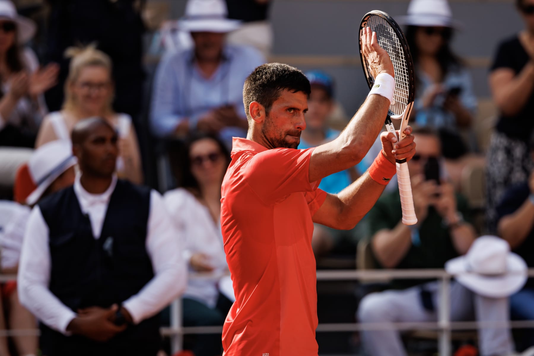 PARIS, FRANCE - JUNE 09: Novak Djokovic of Serbia celebrates his victory over Carlos Alcaraz of Spain in the semi-finals of the men's singles at Roland Garros on June 09, 2023 in Paris, France. (Photo by Frey/TPN/Getty Images)