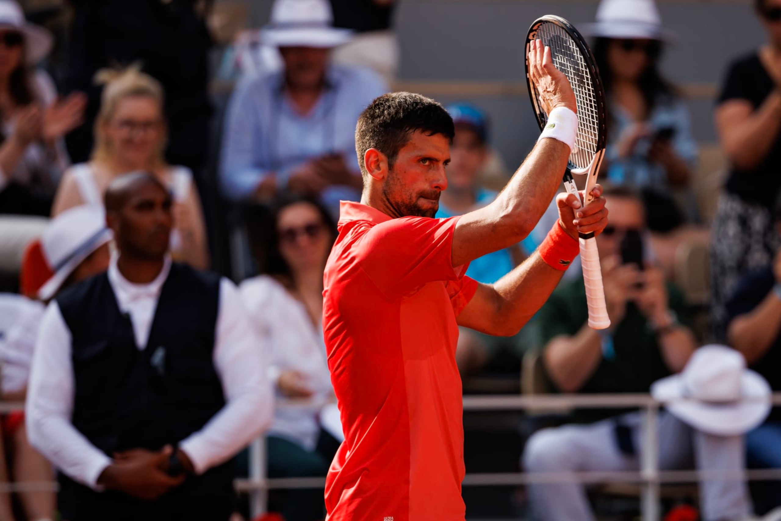 PARIS, FRANCE - JUNE 09: Novak Djokovic of Serbia celebrates his victory over Carlos Alcaraz of Spain in the semi-finals of the men's singles at Roland Garros on June 09, 2023 in Paris, France. (Photo by Frey/TPN/Getty Images)
