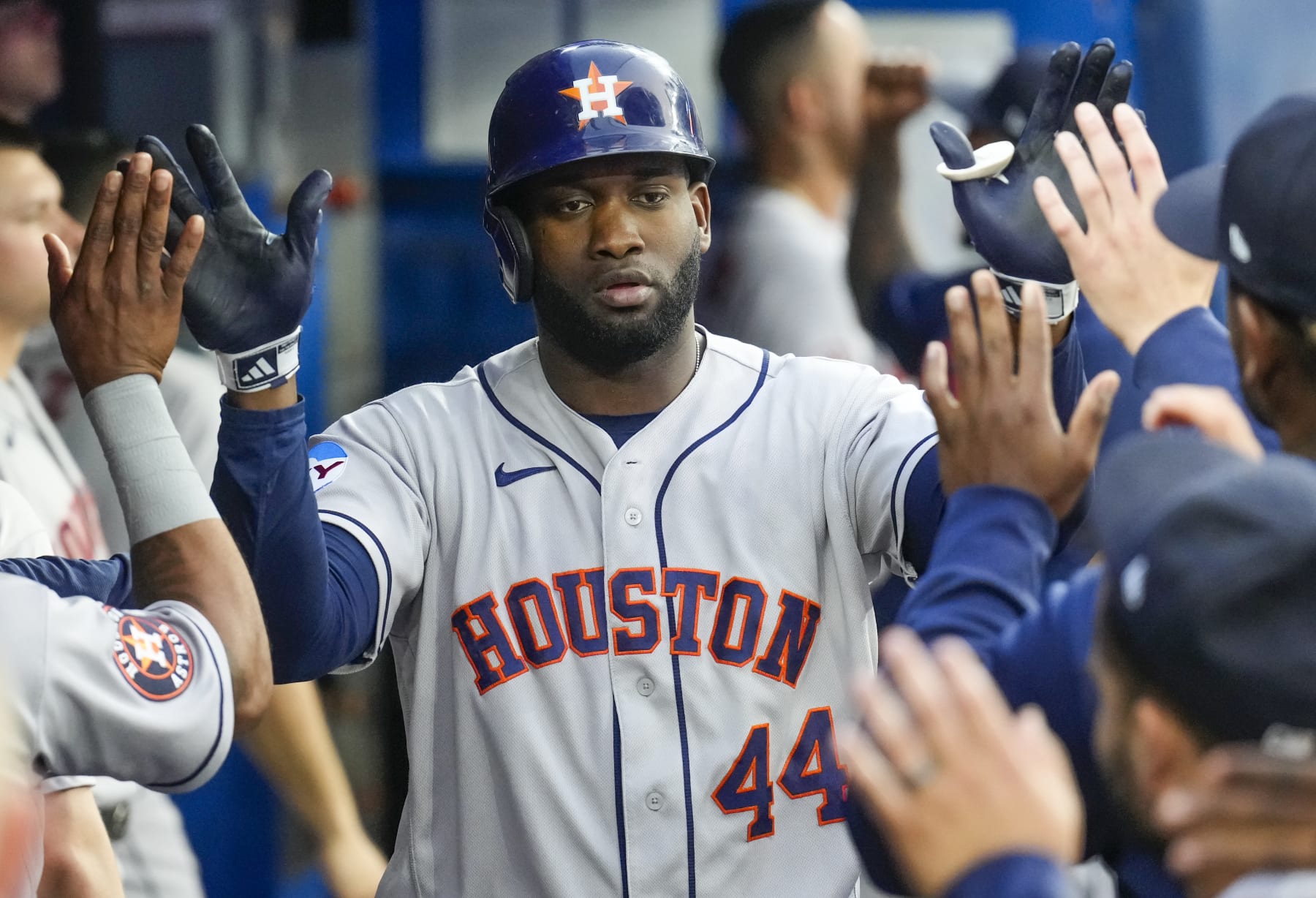 TORONTO, ON - JUNE 5: Yordan Alvarez #44 of Houston Astros celebrates a home run in the dugout against the Toronto Blue Jays during the fourth inning in their MLB game at the Rogers Centre on June 5, 2023 in Toronto, Ontario, Canada. (Photo by Mark Blinch/Getty Images)