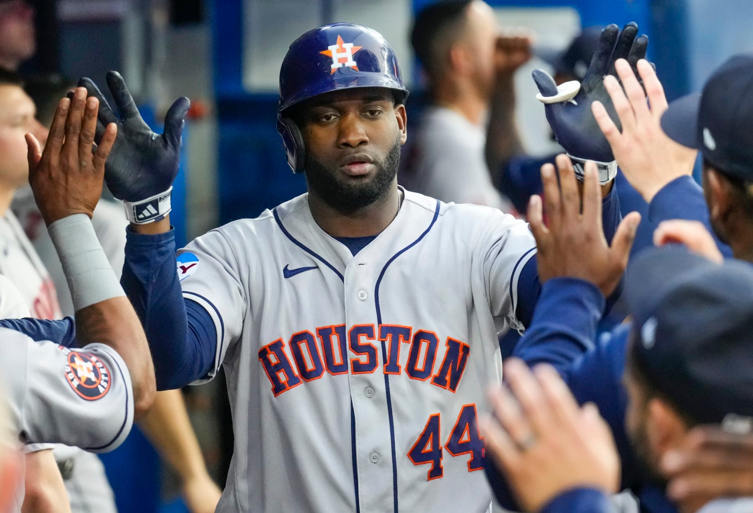 TORONTO, ON - JUNE 5: Yordan Alvarez #44 of Houston Astros celebrates a home run in the dugout against the Toronto Blue Jays during the fourth inning in their MLB game at the Rogers Centre on June 5, 2023 in Toronto, Ontario, Canada. (Photo by Mark Blinch/Getty Images)
