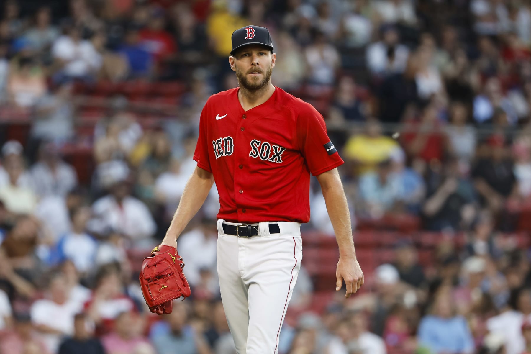 BOSTON, MA - JUNE 1: Chris Sale #41 of the Boston Red Sox walks off the mound after striking out the side during the first inning against the Cincinnati Reds at Fenway Park on June 1, 2023 in Boston, Massachusetts. (Photo By Winslow Townson/Getty Images)