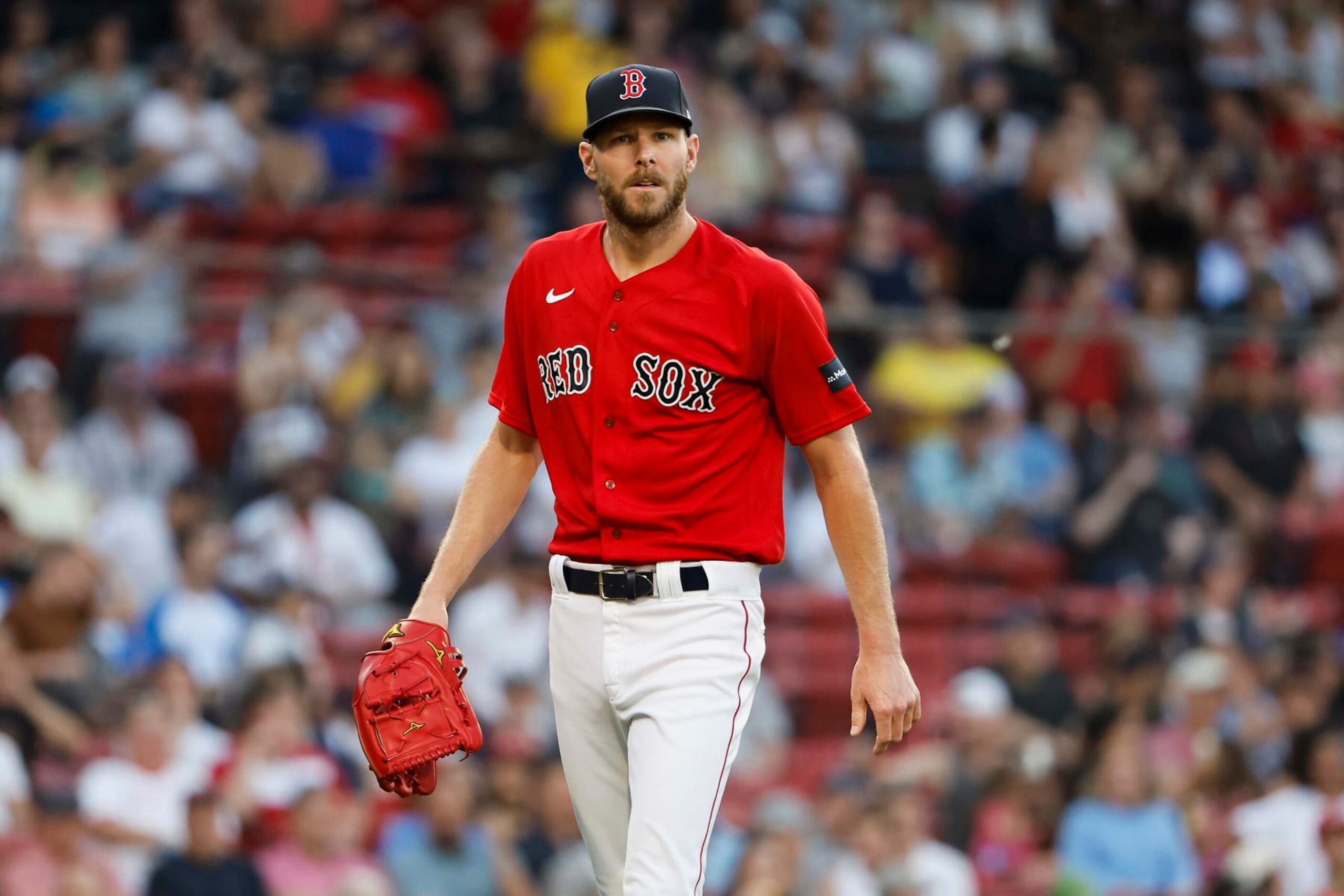 BOSTON, MA - JUNE 1: Chris Sale #41 of the Boston Red Sox walks off the mound after striking out the side during the first inning against the Cincinnati Reds at Fenway Park on June 1, 2023 in Boston, Massachusetts. (Photo By Winslow Townson/Getty Images)