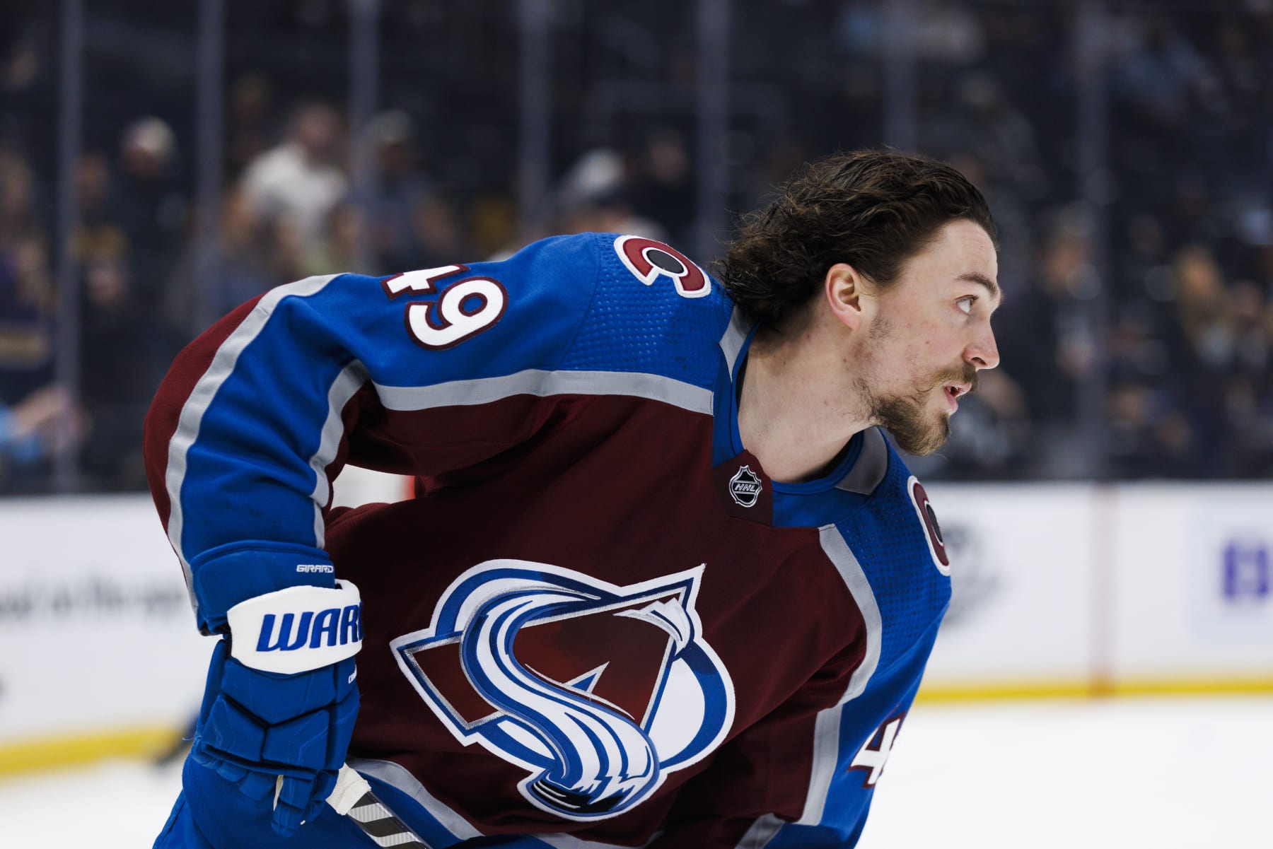 LOS ANGELES, CA - APRIL 08: Colorado Avalanche defenseman Samuel Girard (49) during an NHL hockey game between the Colorado Avalanche and the LA Kings on April 8, 2023 at Crypto.com Arena in Los Angeles, CA. (Photo by Ric Tapia/Icon Sportswire via Getty Images)