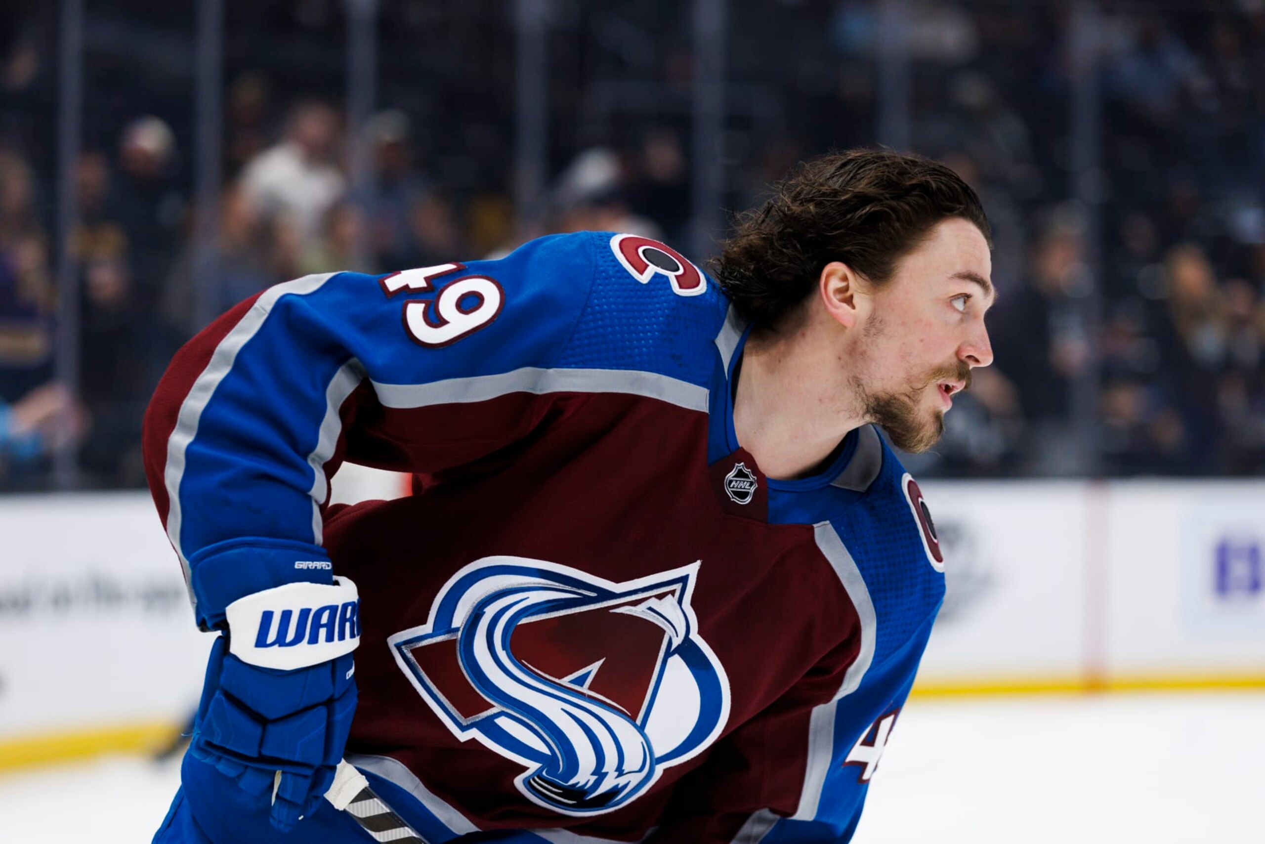 LOS ANGELES, CA - APRIL 08: Colorado Avalanche defenseman Samuel Girard (49) during an NHL hockey game between the Colorado Avalanche and the LA Kings on April 8, 2023 at Crypto.com Arena in Los Angeles, CA. (Photo by Ric Tapia/Icon Sportswire via Getty Images)