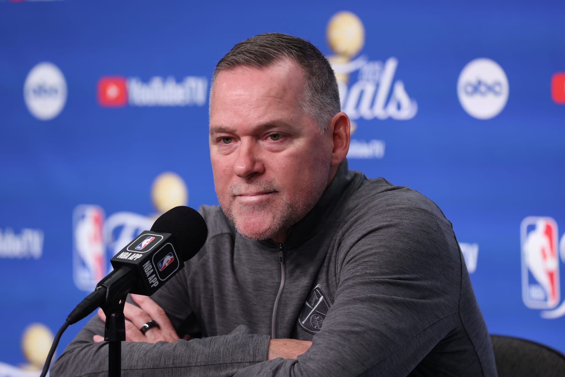 MIAMI, FL - JUNE 9: Head Coach Michael Malone of the Denver Nuggets talks to the media before the game against the Miami Heat during Game Four of the 2023 NBA Finals on June 9, 2023 at Kaseya Center in Miami, Florida. NOTE TO USER: User expressly acknowledges and agrees that, by downloading and or using this Photograph, user is consenting to the terms and conditions of the Getty Images License Agreement. Mandatory Copyright Notice: Copyright 2023 NBAE (Photo by Joe Murphy/NBAE via Getty Images)