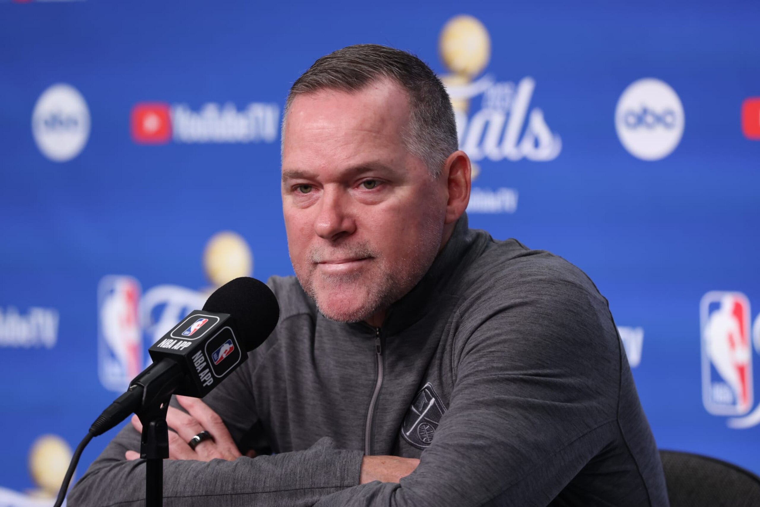 MIAMI, FL - JUNE 9: Head Coach Michael Malone of the Denver Nuggets talks to the media before the game against the Miami Heat during Game Four of the 2023 NBA Finals on June 9, 2023 at Kaseya Center in Miami, Florida. NOTE TO USER: User expressly acknowledges and agrees that, by downloading and or using this Photograph, user is consenting to the terms and conditions of the Getty Images License Agreement. Mandatory Copyright Notice: Copyright 2023 NBAE (Photo by Joe Murphy/NBAE via Getty Images)