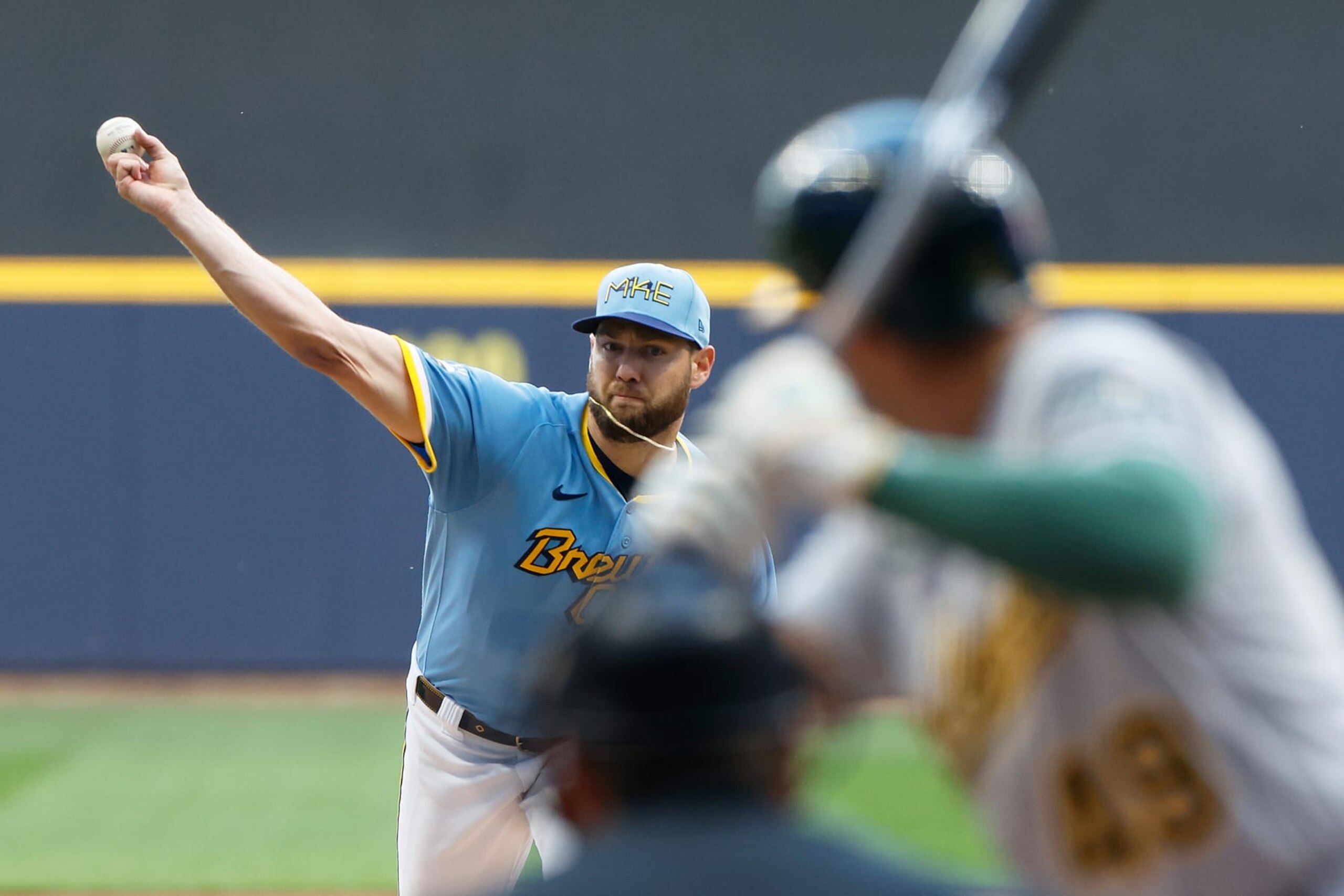 MILWAUKEE, WISCONSIN - JUNE 09: Adrian Houser #37 of the Milwaukee Brewers throws a pitch in the first inning against the Oakland Athletics at American Family Field on June 09, 2023 in Milwaukee, Wisconsin. (Photo by John Fisher/Getty Images)
