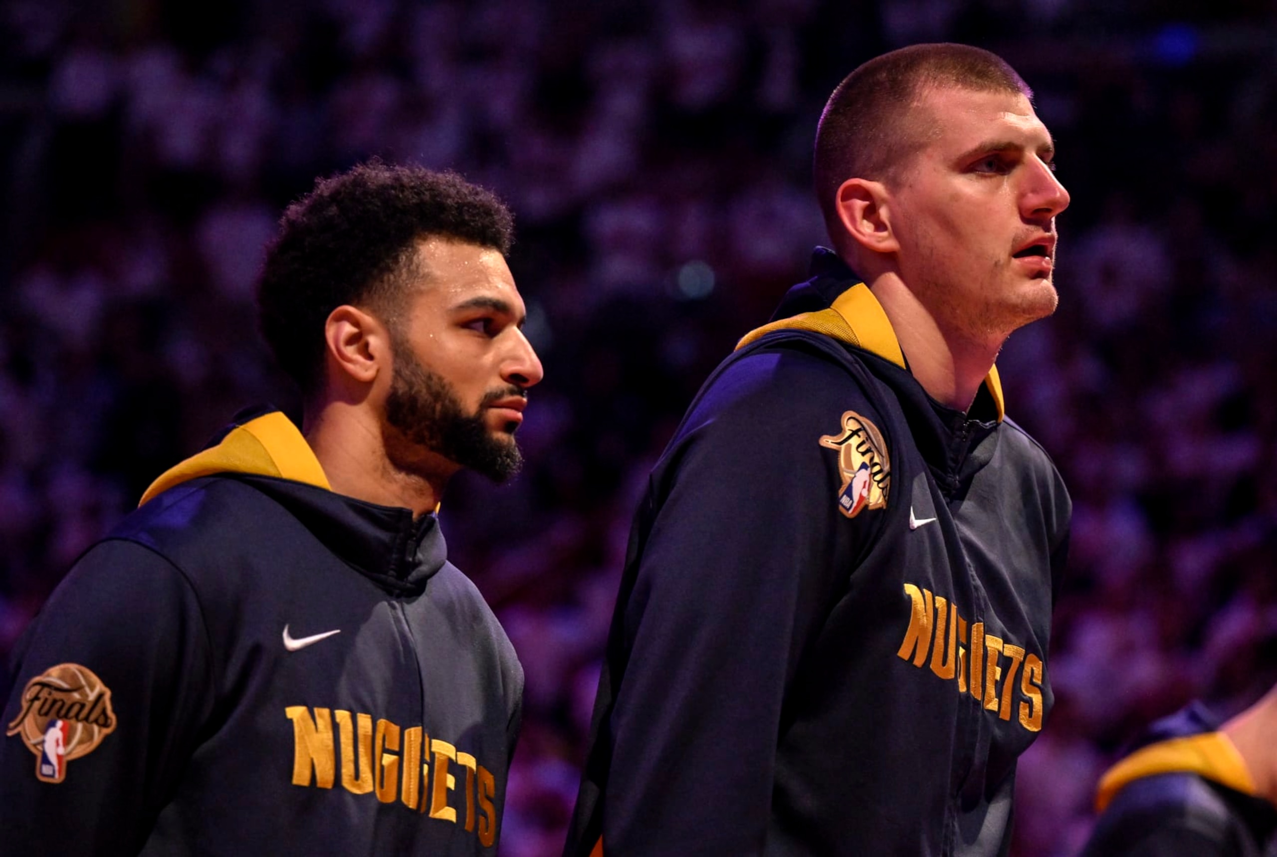 MIAMI, FL - JUNE 9: Jamal Murray (27) and Nikola Jokic (15) of the Denver Nuggets stand for the national anthem before the first half of the Nuggets' 108-95 win over the Miami Heat during Game 4 of the NBA Finals at the Kaseya Center in Miami on Friday, June 9, 2023. (Photo by AAron Ontiveroz/The Denver Post) MIAMI, FL - JUNE 9: Jamal Murray (27) and Nikola Jokic (15) of the Denver Nuggets stand for the national anthem before the first half of the Nuggets' 108-95 win over the Miami Heat during Game 4 of the NBA Finals at the Kaseya Center in Miami on Friday, June 9, 2023. (Photo by AAron Ontiveroz/The Denver Post)