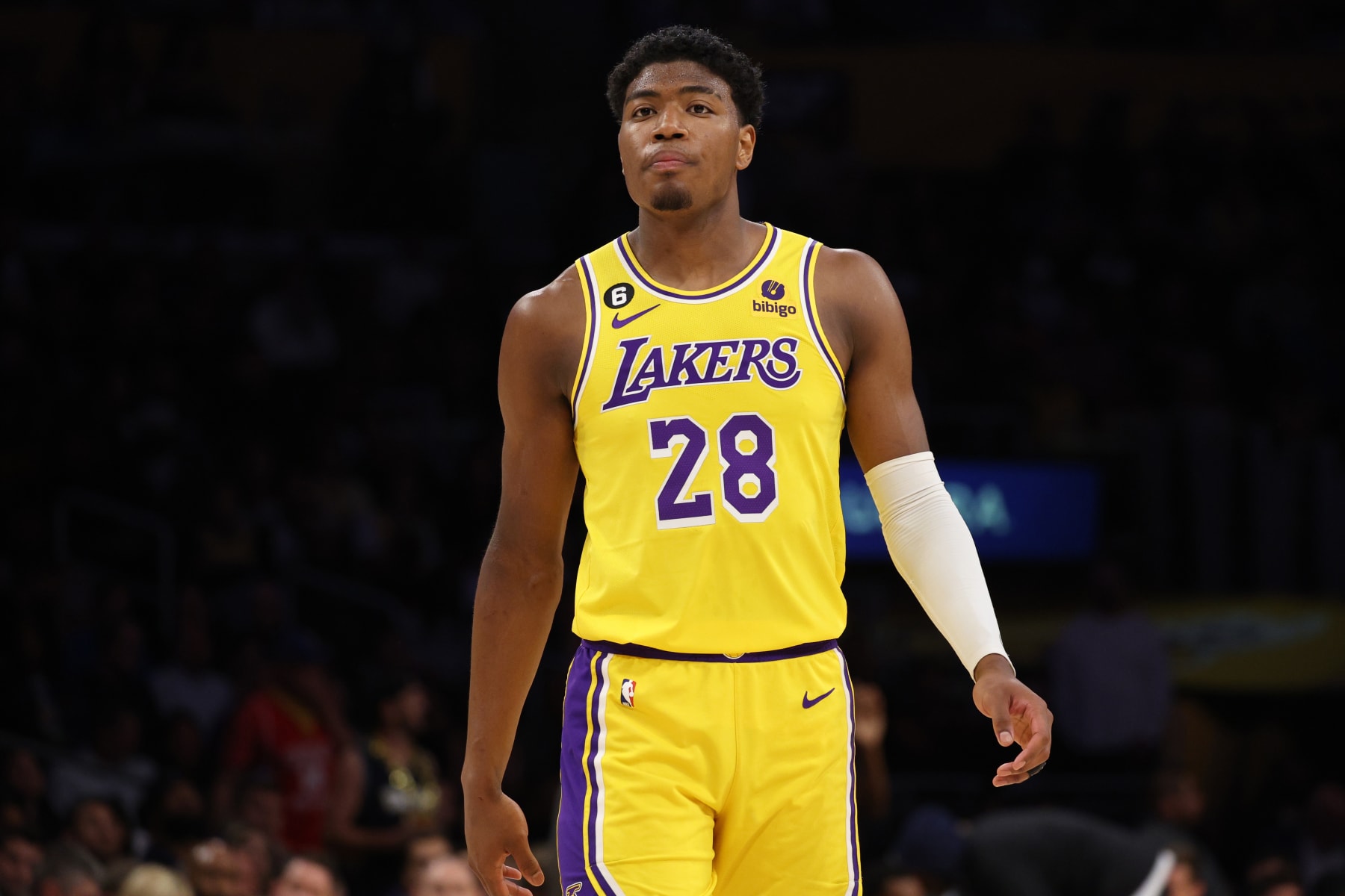 LOS ANGELES, CALIFORNIA - MAY 22: Rui Hachimura #28 of the Los Angeles Lakers reacts to his foul during the third quarter against the Denver Nuggets in game four of the Western Conference Finals at Crypto.com Arena on May 22, 2023 in Los Angeles, California. NOTE TO USER: User expressly acknowledges and agrees that, by downloading and or using this photograph, User is consenting to the terms and conditions of the Getty Images License Agreement. (Photo by Harry How/Getty Images)