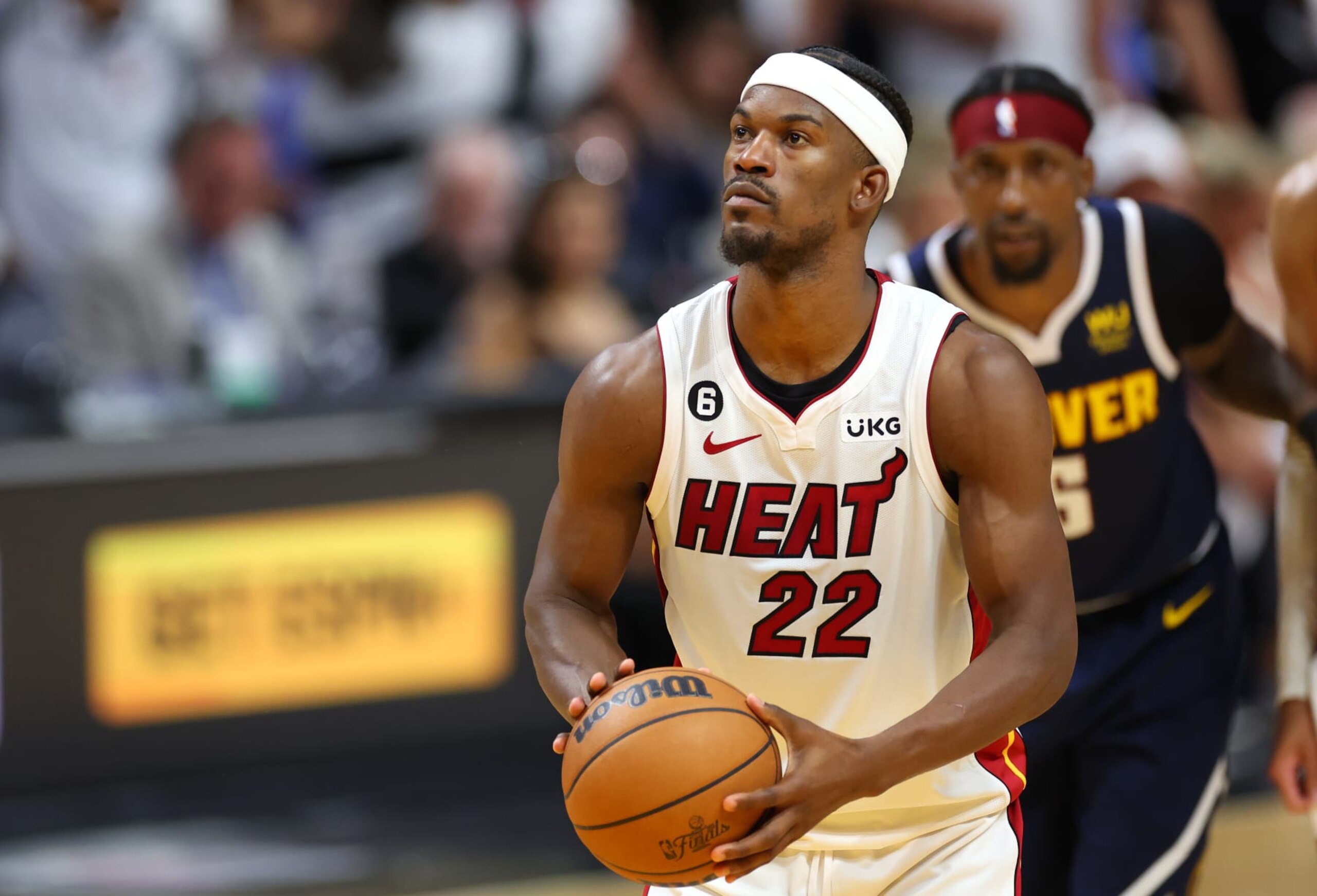 MIAMI, FLORIDA - JUNE 09: Jimmy Butler #22 of the Miami Heat shoots a free throw during the fourth quarter against the Denver Nuggets in Game Four of the 2023 NBA Finals at Kaseya Center on June 09, 2023 in Miami, Florida. NOTE TO USER: User expressly acknowledges and agrees that, by downloading and or using this photograph, User is consenting to the terms and conditions of the Getty Images License Agreement. (Photo by Mike Ehrmann/Getty Images)