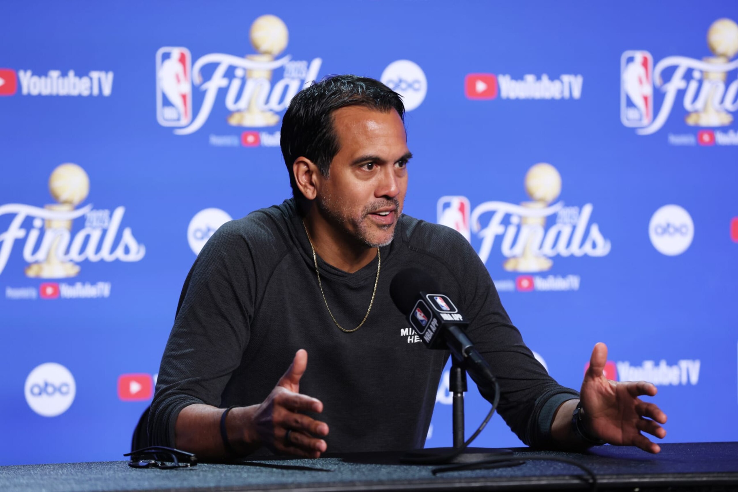 MIAMI, FL - JUNE 6: Head Coach Erik Spoelstra of the Miami Heat speaks to the media during 2023 NBA Finals Practice and Media Availability on June 6, 2023 at the Kaseya Center in Miami, Florida. NOTE TO USER: User expressly acknowledges and agrees that, by downloading and/or using this Photograph, user is consenting to the terms and conditions of the Getty Images License Agreement. Mandatory Copyright Notice: Copyright 2023 NBAE (Photo by Joe Murphy/NBAE via Getty Images) MIAMI, FL - JUNE 6: Head Coach Erik Spoelstra of the Miami Heat speaks to the media during 2023 NBA Finals Practice and Media Availability on June 6, 2023 at the Kaseya Center in Miami, Florida. NOTE TO USER: User expressly acknowledges and agrees that, by downloading and/or using this Photograph, user is consenting to the terms and conditions of the Getty Images License Agreement. Mandatory Copyright Notice: Copyright 2023 NBAE (Photo by Joe Murphy/NBAE via Getty Images)