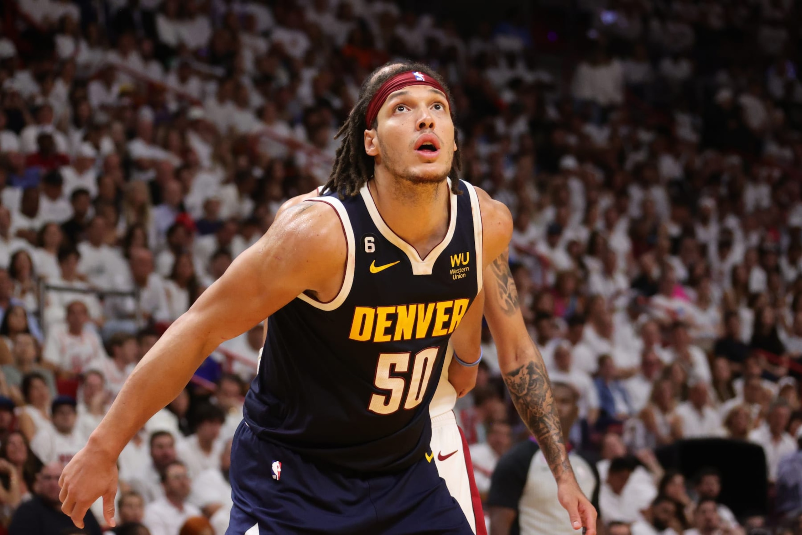 MIAMI, FL - JUNE 9: Aaron Gordon #50 of the Denver Nuggets boxes out during Game Four of the 2023 NBA Finals against the Miami Heat on June 9, 2023 at Kaseya Center in Miami, Florida. NOTE TO USER: User expressly acknowledges and agrees that, by downloading and or using this Photograph, user is consenting to the terms and conditions of the Getty Images License Agreement. Mandatory Copyright Notice: Copyright 2023 NBAE (Photo by Nathaniel S. Butler/NBAE via Getty Images)