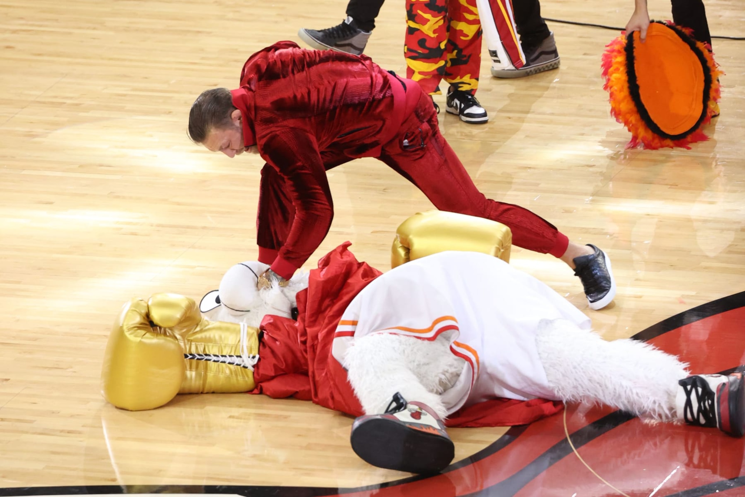 MIAMI, FL - JUNE 9: Connor McGregor and Mascot Burnie of the Miami Heat perform during halftime against the Denver Nuggets during Game Four of the 2023 NBA Finals on June 9, 2023 at Kaseya Center in Miami, Florida. NOTE TO USER: User expressly acknowledges and agrees that, by downloading and or using this Photograph, user is consenting to the terms and conditions of the Getty Images License Agreement. Mandatory Copyright Notice: Copyright 2023 NBAE (Photo by Joe Murphy/NBAE via Getty Images) MIAMI, FL - JUNE 9: Connor McGregor and Mascot Burnie of the Miami Heat perform during halftime against the Denver Nuggets during Game Four of the 2023 NBA Finals on June 9, 2023 at Kaseya Center in Miami, Florida. NOTE TO USER: User expressly acknowledges and agrees that, by downloading and or using this Photograph, user is consenting to the terms and conditions of the Getty Images License Agreement. Mandatory Copyright Notice: Copyright 2023 NBAE (Photo by Joe Murphy/NBAE via Getty Images)