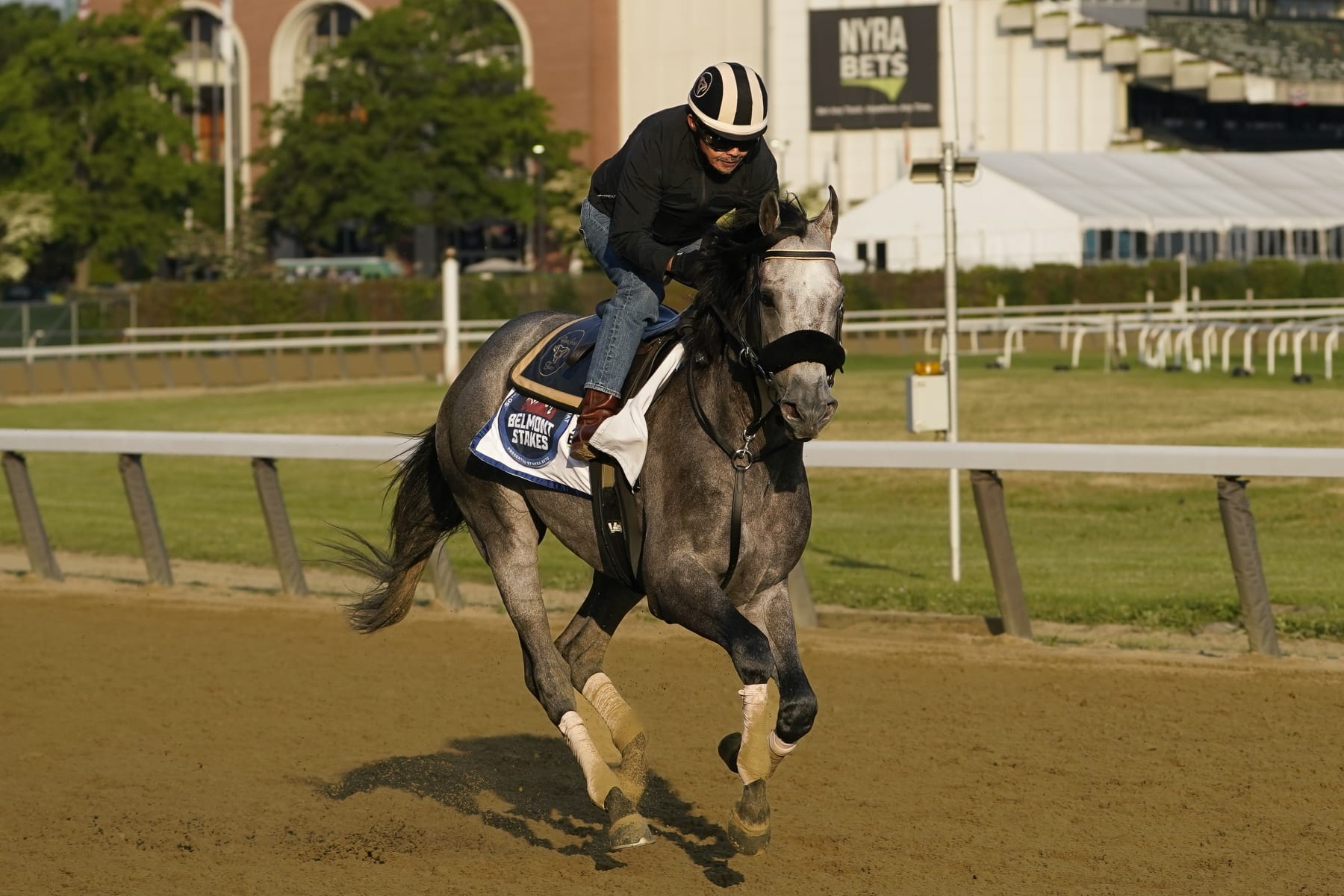 Arcangelo trains ahead of the Belmont Stakes horse race, Friday, June 9, 2023, at Belmont Park in Elmont, N.Y. (AP Photo/John Minchillo)