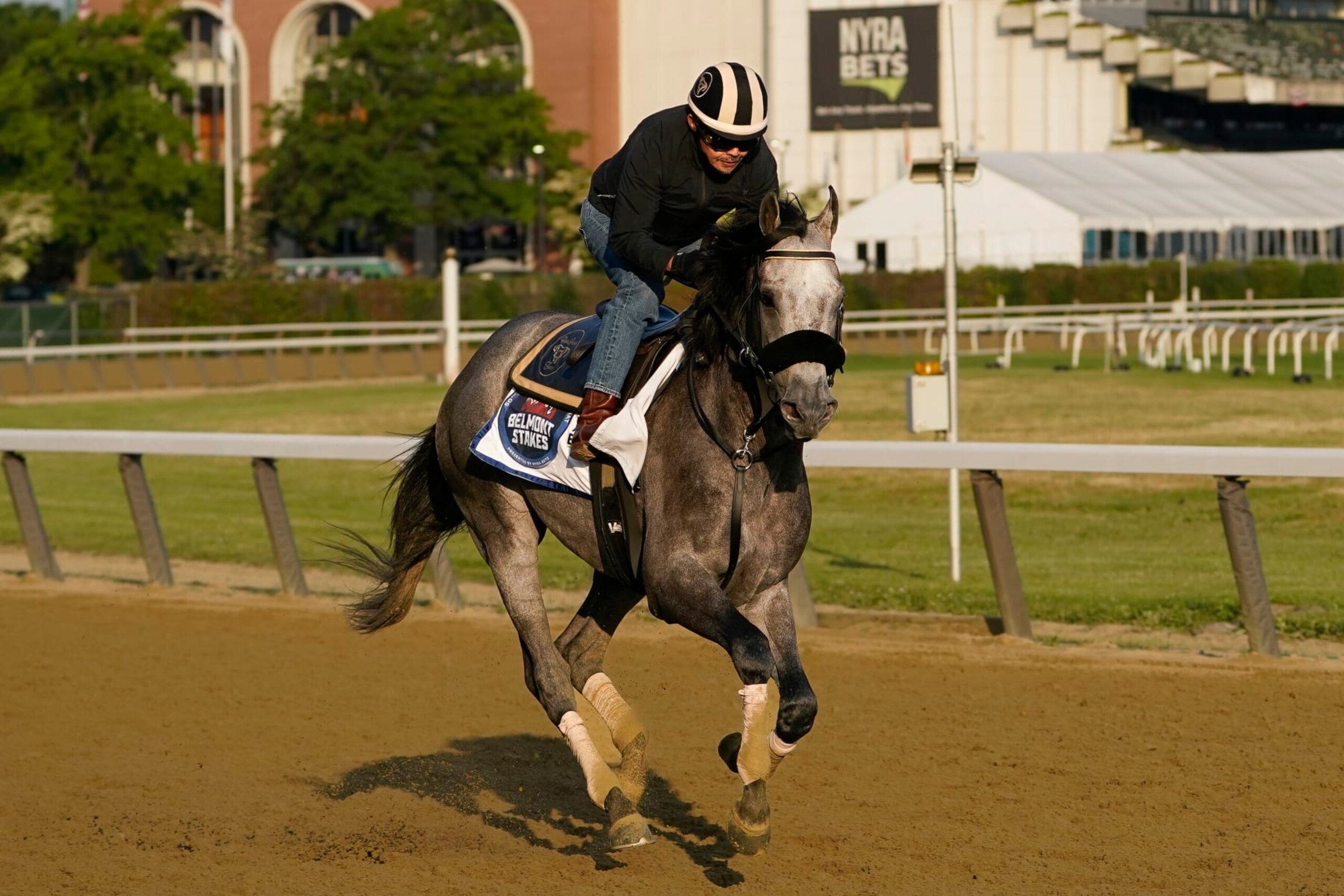 Arcangelo trains ahead of the Belmont Stakes horse race, Friday, June 9, 2023, at Belmont Park in Elmont, N.Y. (AP Photo/John Minchillo) Arcangelo trains ahead of the Belmont Stakes horse race, Friday, June 9, 2023, at Belmont Park in Elmont, N.Y. (AP Photo/John Minchillo)