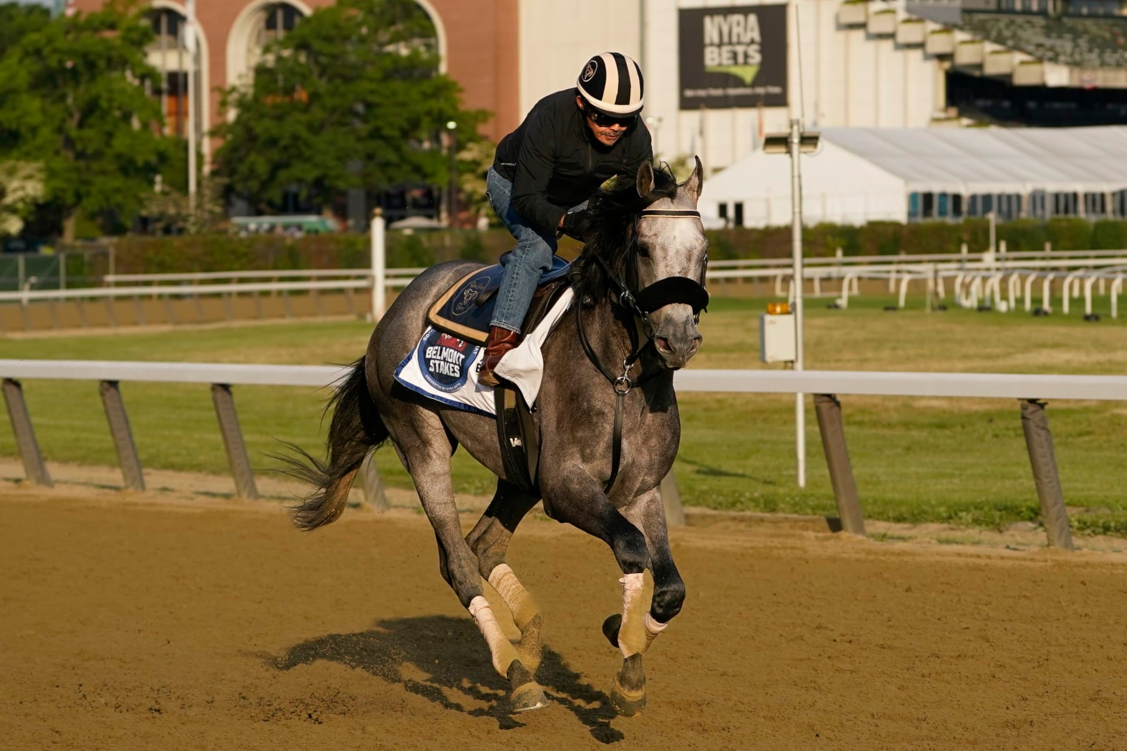 Arcangelo trains ahead of the Belmont Stakes horse race, Friday, June 9, 2023, at Belmont Park in Elmont, N.Y. (AP Photo/John Minchillo)