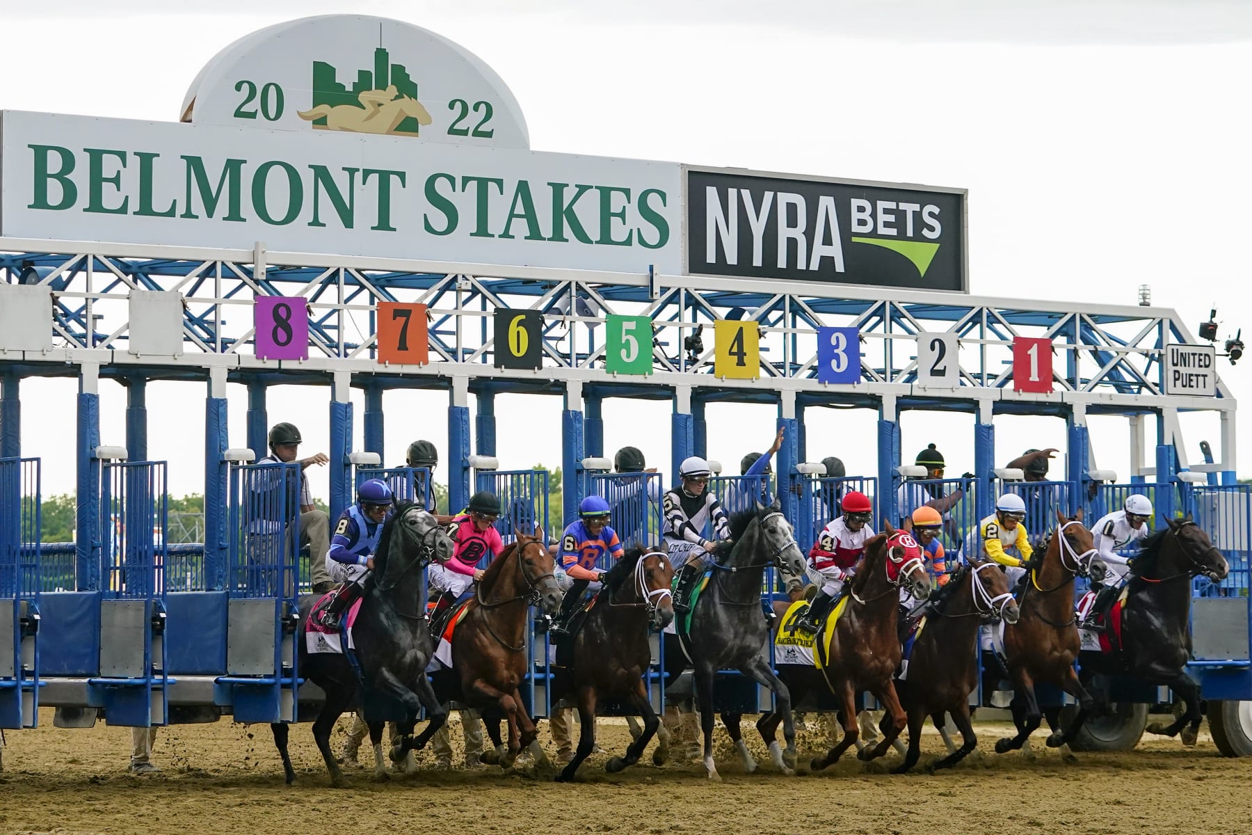 Horses leave the starting gate during the 154th running of the Belmont Stakes horse race Saturday, June 11, 2022, at Belmont Park in Elmont, N.Y. Mo Donegal (6), with jockey Irad Ortiz Jr., won the race. (AP Photo/Frank Franklin II)