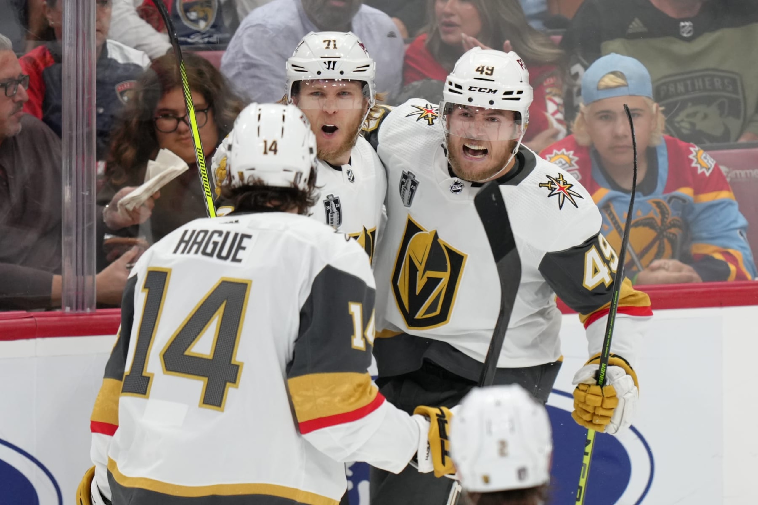SUNRISE, FL - JUNE 10: Vegas Golden Knights center William Karlsson (71) celebrates a goal and 3-0 lead with Vegas Golden Knights defenseman Nicolas Hague (14) and Vegas Golden Knights center Ivan Barbashev (49) in the second period during game four of the Stanley Cup Finals between the Vegas Golden Knights and the Florida Panthers on Saturday, June 10, 2023 at FLA Live Arena, Sunrise, Fla. (Photo by Peter Joneleit/Icon Sportswire via Getty Images)