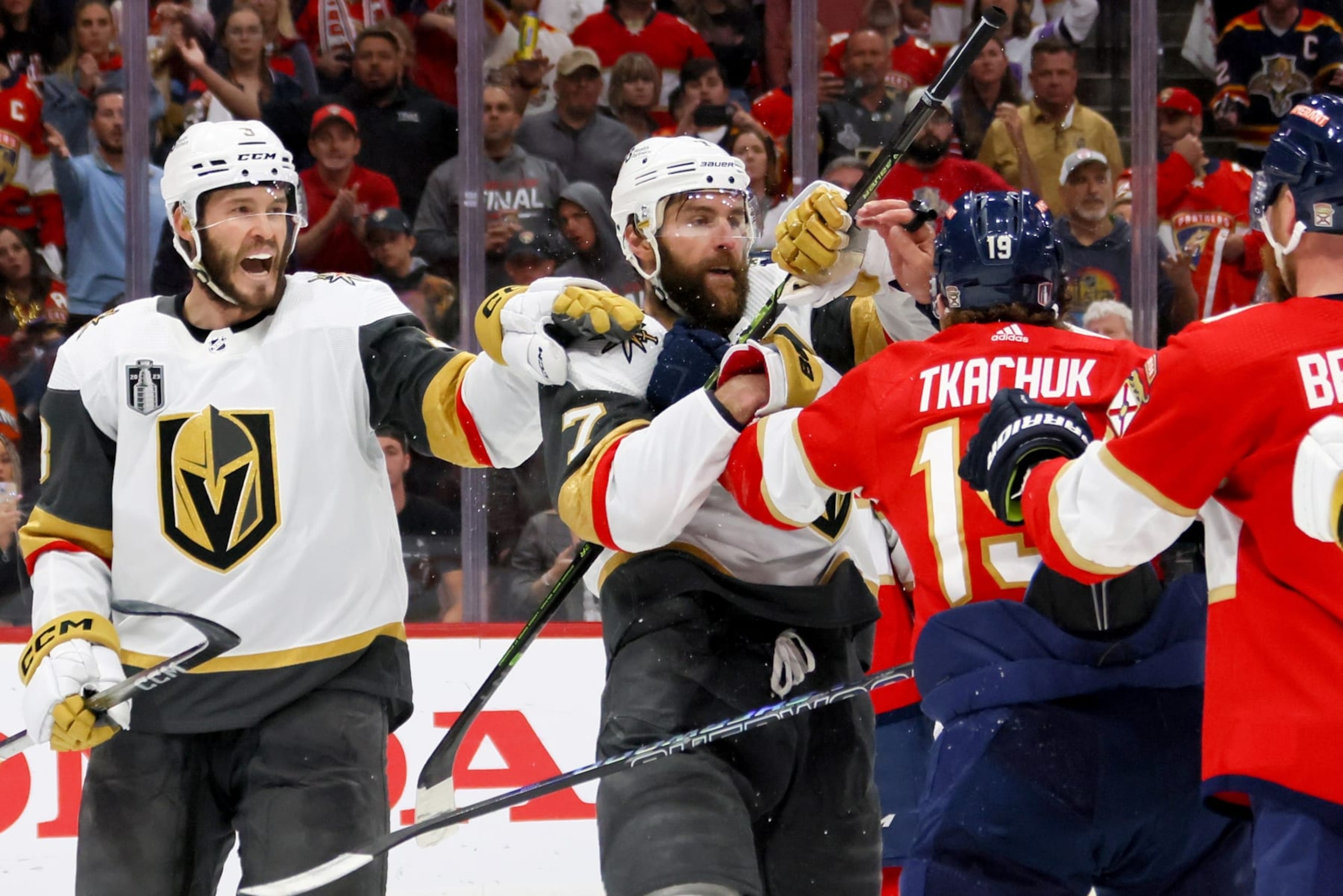 SUNRISE, FLORIDA - JUNE 10:  Alex Pietrangelo #7 of the Vegas Golden Knights and Matthew Tkachuk #19 of the Florida Panthers mix it up during the third period in Game Four of the 2023 NHL Stanley Cup Final at FLA Live Arena on June 10, 2023 in Sunrise, Florida. (Photo by Bruce Bennett/Getty Images)