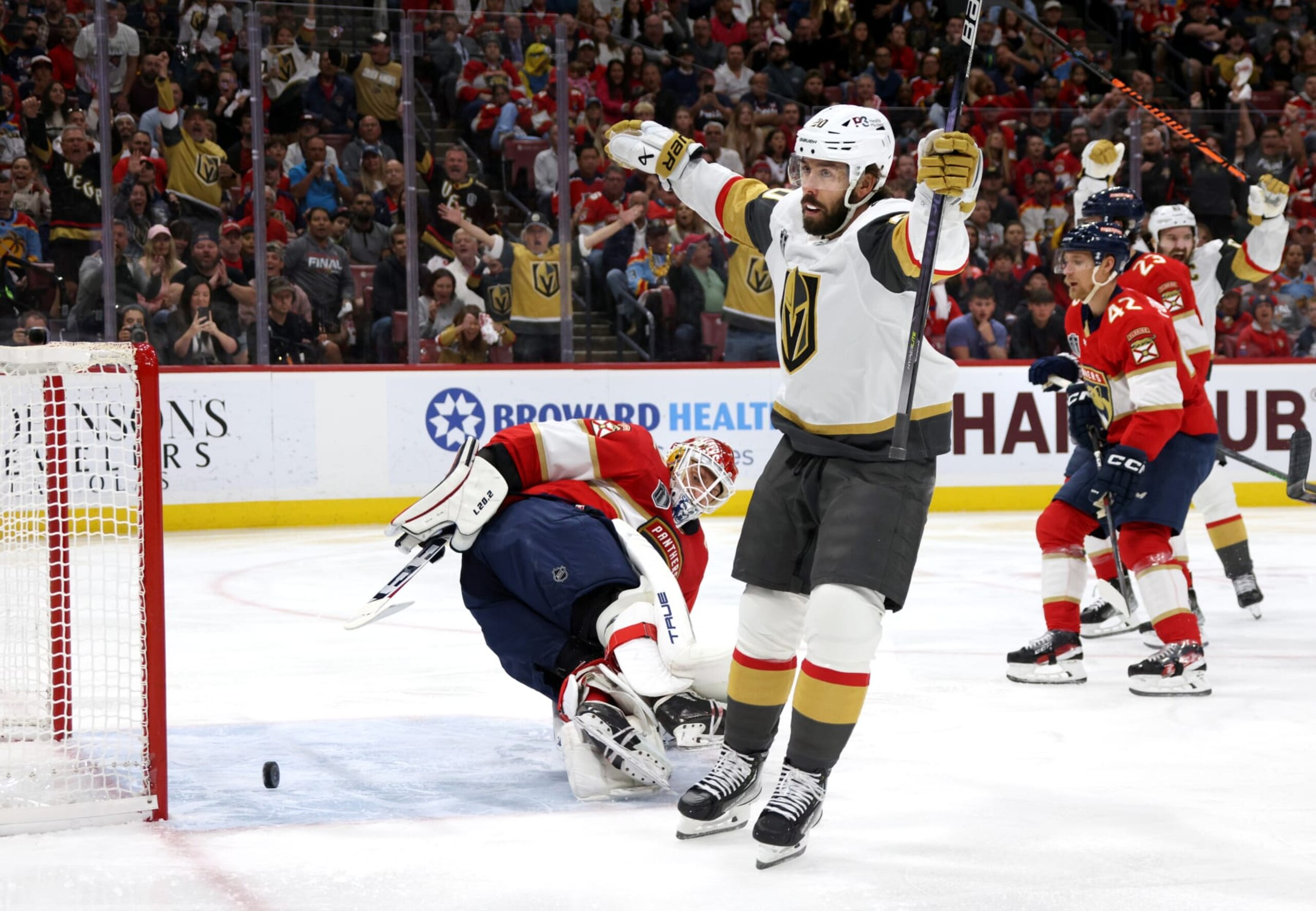 SUNRISE, FLORIDA - JUNE 10: Chandler Stephenson #20 of the Vegas Golden Knights celebrates his goal against goaltender Sergei Bobrovsky #72 of the Florida Panthers during the first period of Game Four of the 2023 NHL Stanley Cup Final at FLA Live Arena on June 10, 2023 in Sunrise, Florida. (Photo by Dave Sandford/NHLI via Getty Images)