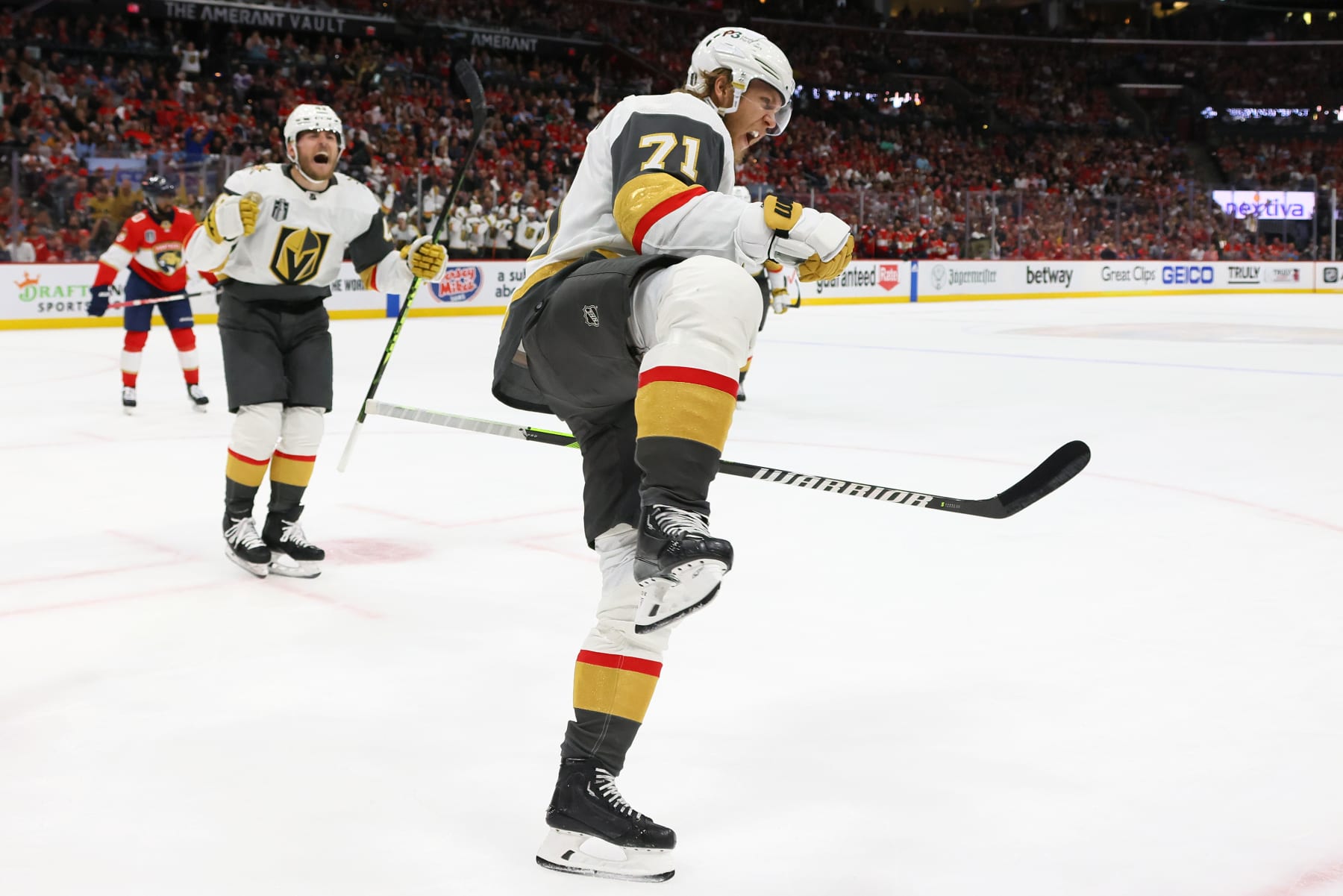 SUNRISE, FLORIDA - JUNE 10:  William Karlsson #71 of the Vegas Golden Knights celebrates after scoring a goal against the Florida Panthers during the second period in Game Four of the 2023 NHL Stanley Cup Final at FLA Live Arena on June 10, 2023 in Sunrise, Florida. (Photo by Bruce Bennett/Getty Images)