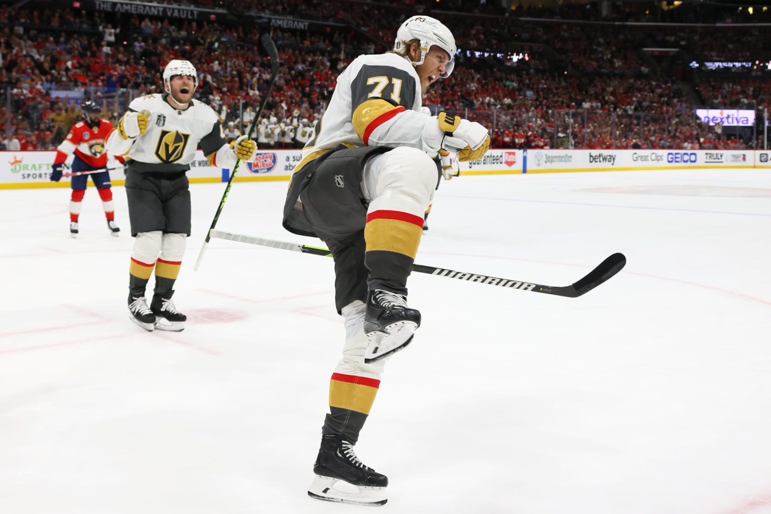 SUNRISE, FLORIDA - JUNE 10:  William Karlsson #71 of the Vegas Golden Knights celebrates after scoring a goal against the Florida Panthers during the second period in Game Four of the 2023 NHL Stanley Cup Final at FLA Live Arena on June 10, 2023 in Sunrise, Florida. (Photo by Bruce Bennett/Getty Images)