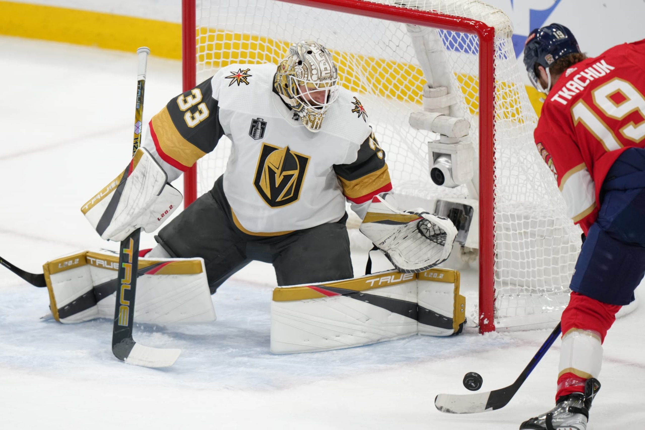 SUNRISE, FL - JUNE 10: Vegas Golden Knights goaltender Adin Hill (33) makes a save on a great opportunity by Florida Panthers left wing Matthew Tkachuk (19) in the first period during game four of the Stanley Cup Finals between the Vegas Golden Knights and the Florida Panthers on Saturday, June 10, 2023 at FLA Live Arena, Sunrise, Fla. (Photo by Peter Joneleit/Icon Sportswire via Getty Images)