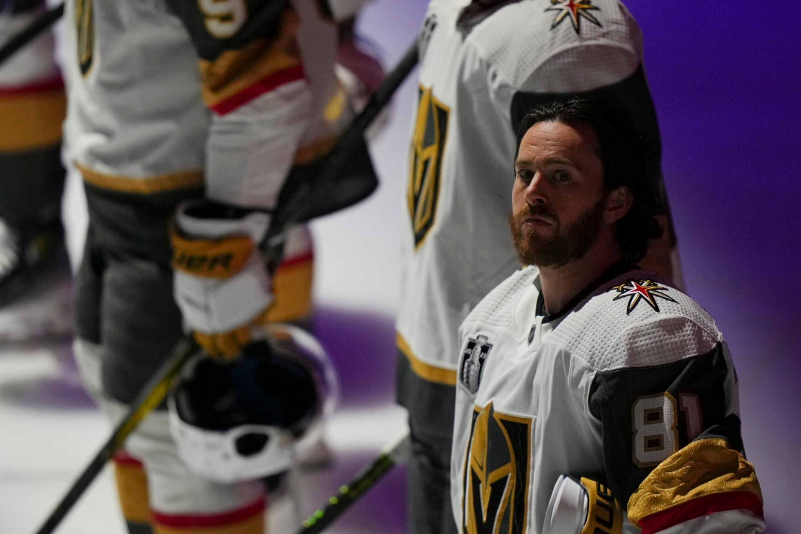 SUNRISE, FL - JUNE 10: Vegas Golden Knights right wing Jonathan Marchessault (81) looks toward the stands during the National Anthem before game four of the Stanley Cup Finals between the Vegas Golden Knights and the Florida Panthers on Saturday, June 10, 2023 at FLA Live Arena, Sunrise, Fla. (Photo by Peter Joneleit/Icon Sportswire via Getty Images)