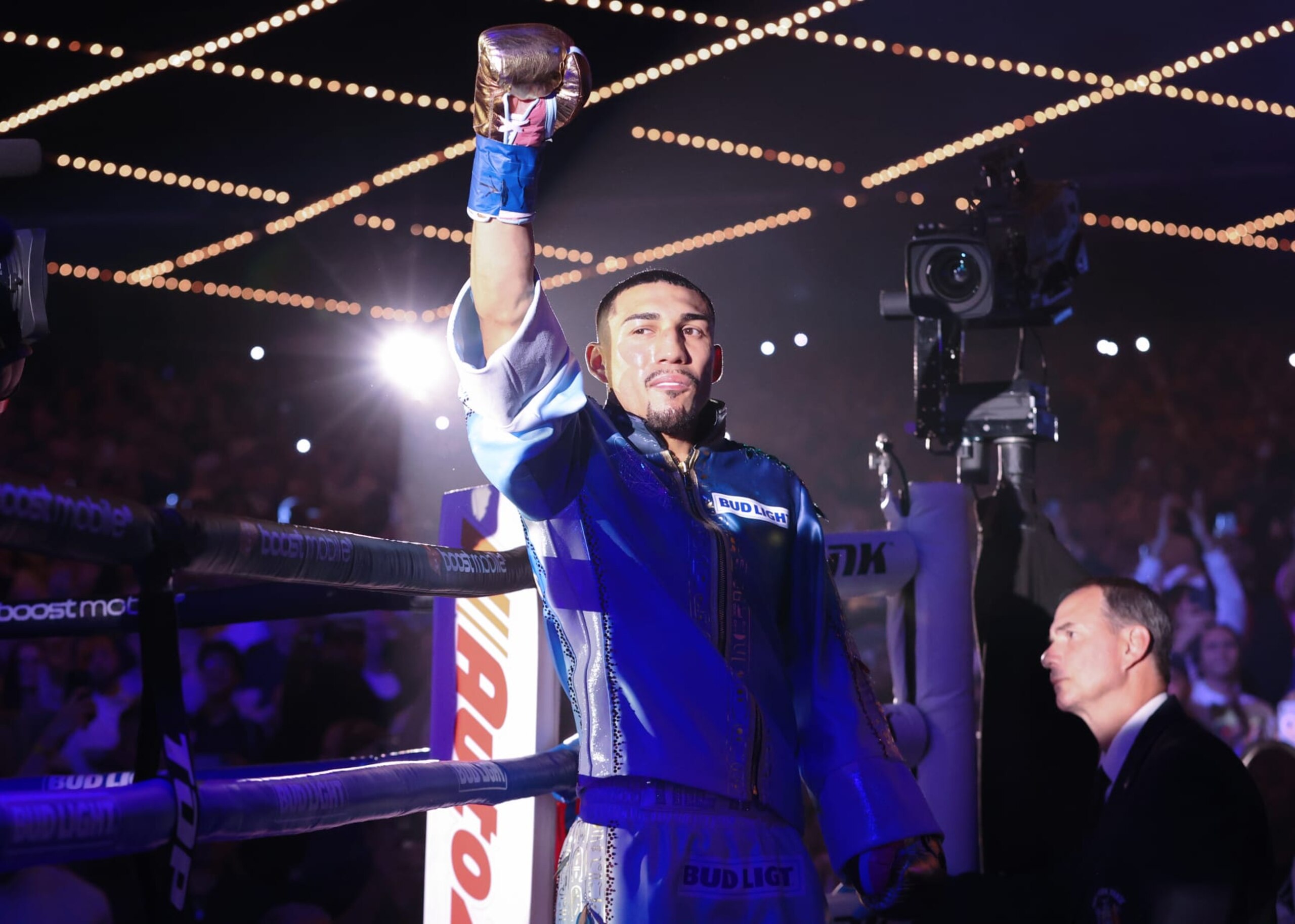 NEW YORK, NEW YORK - JUNE 10: Teofimo Lopez walks to the ring before his WBO junior welterweight championship fight against Josh Taylor, at The Hulu Theater at Madison Square Garden on June 10, 2023 in New York City. (Photo by Mikey Williams/Top Rank Inc via Getty Images)