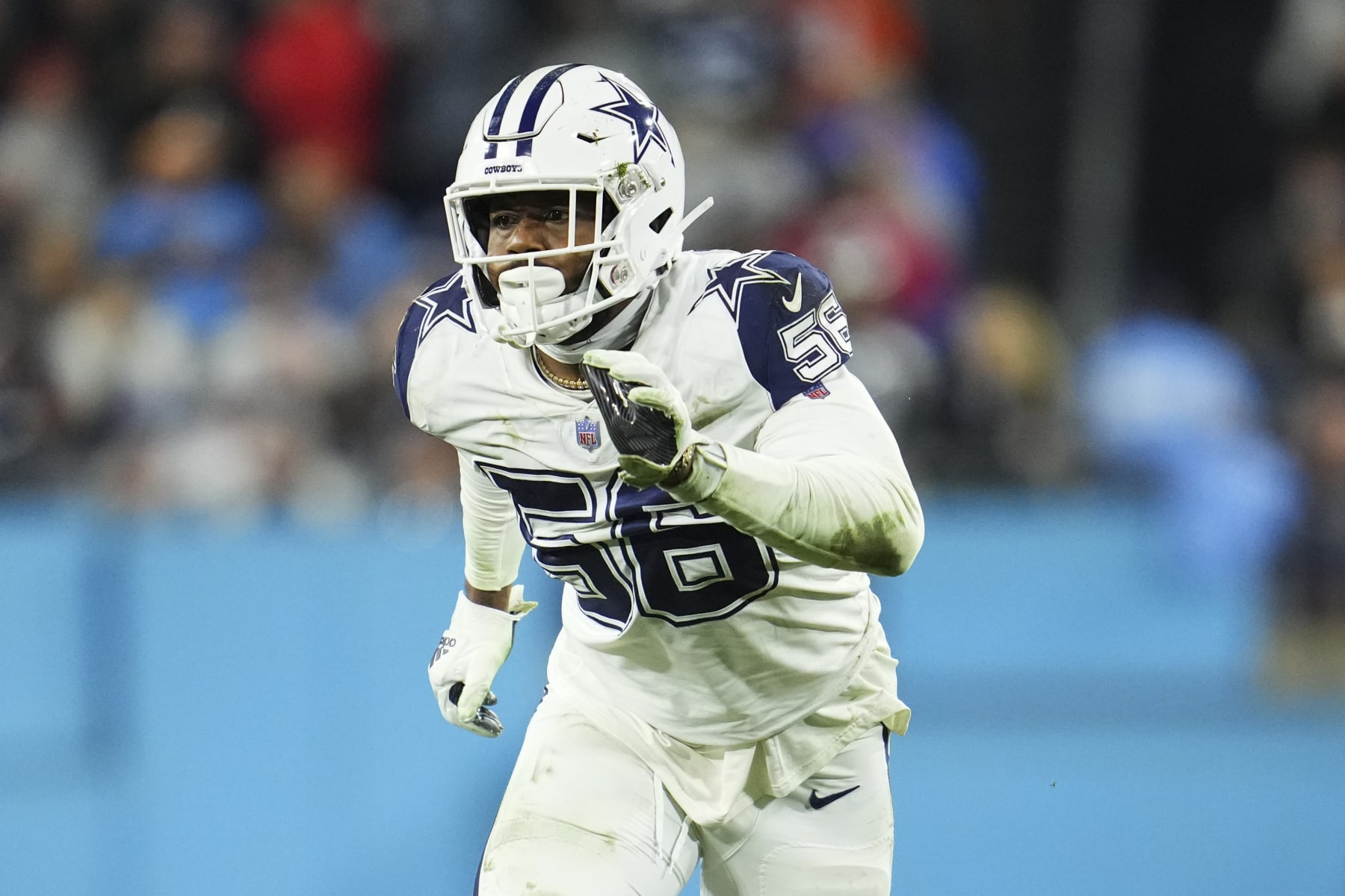 NASHVILLE, TN - DECEMBER 29: Dante Fowler Jr. #56 of the Dallas Cowboys defends against the Tennessee Titans at Nissan Stadium on December 29, 2022 in Nashville, Tennessee. (Photo by Cooper Neill/Getty Images)