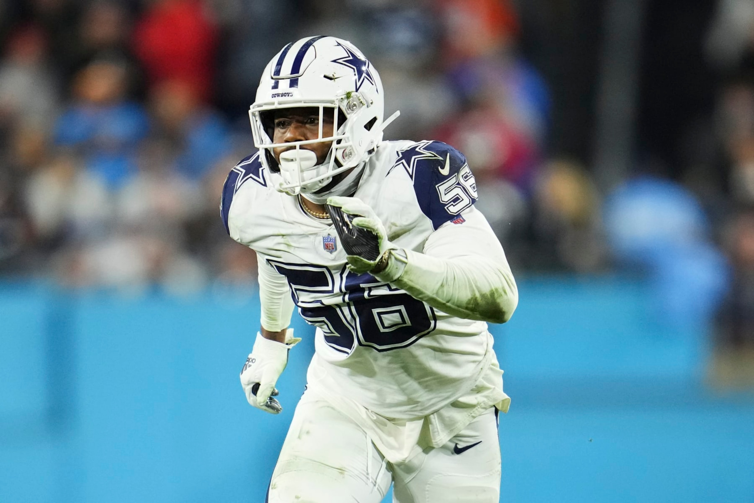 NASHVILLE, TN - DECEMBER 29: Dante Fowler Jr. #56 of the Dallas Cowboys defends against the Tennessee Titans at Nissan Stadium on December 29, 2022 in Nashville, Tennessee. (Photo by Cooper Neill/Getty Images)
