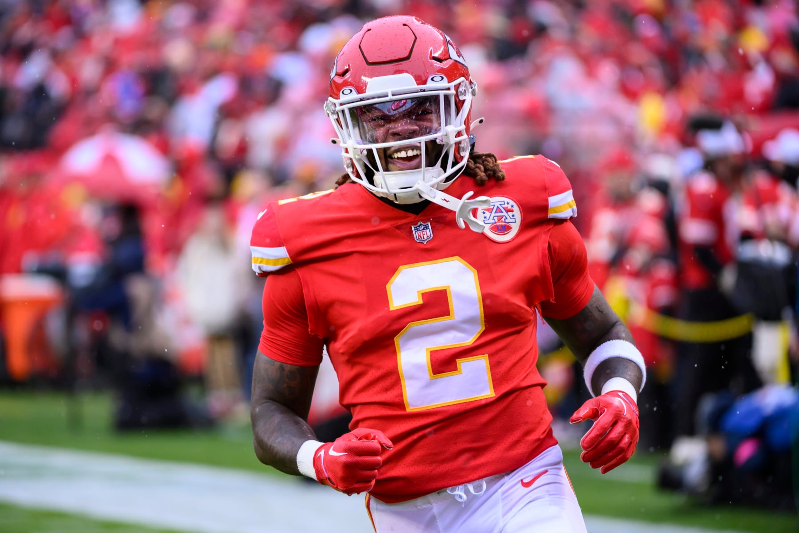 Kansas City Chiefs running back Ronald Jones during warmups before an NFL divisional round playoff football game against the Jacksonville Jaguars, Saturday, Jan. 21, 2023 in Kansas City, Mo. (AP Photo/Reed Hoffmann)