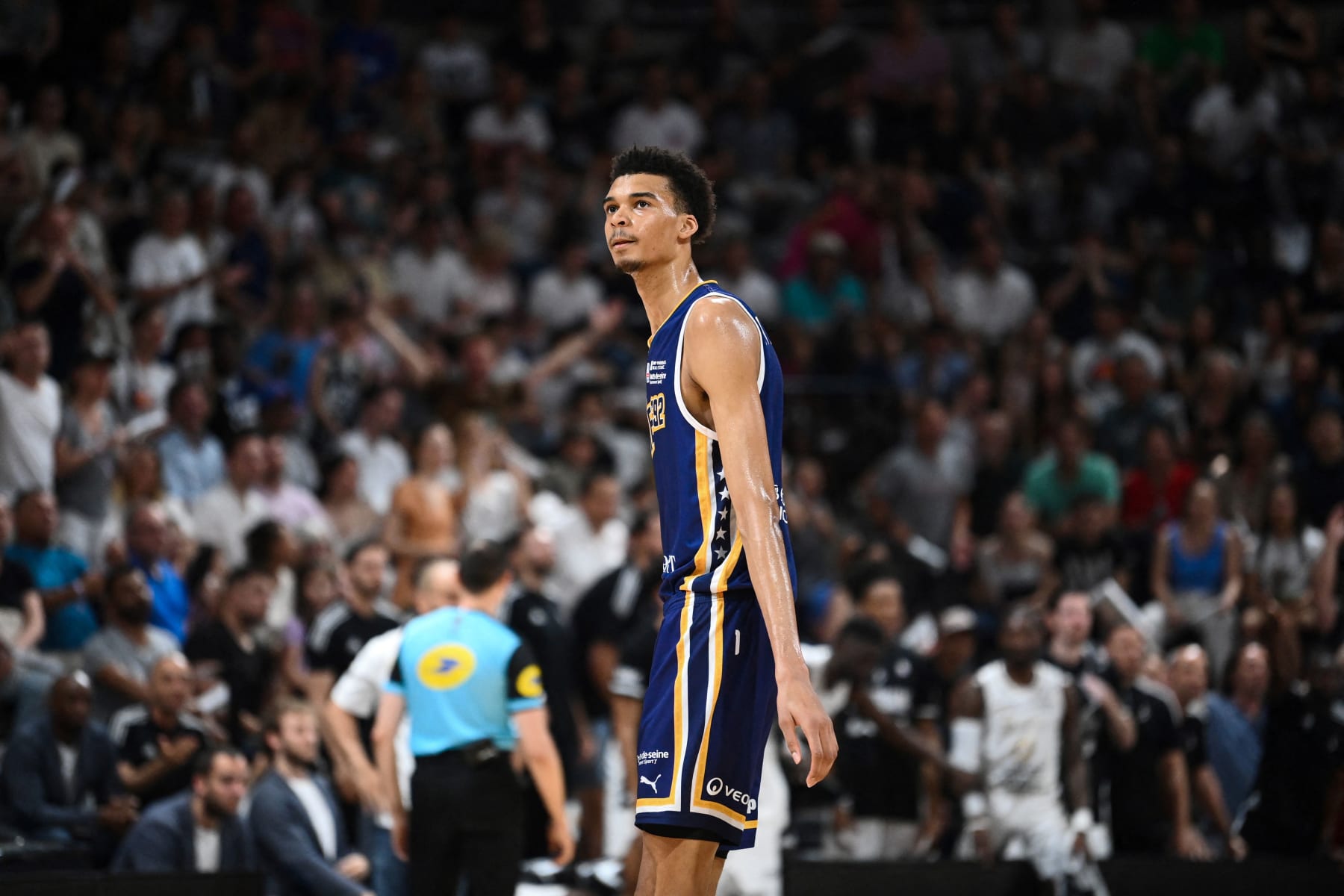 Metropolitan 92's French power forward Victor Wembanyama looks on during the French Elite basketball semi-final playoff match 2 between Boulogne-Levallois Metropolitans 92 and ASVEL Lyon-Villeurbanne at the Astroballe in Villeurbanne on June 4, 2023. (Photo by OLIVIER CHASSIGNOLE / AFP) (Photo by OLIVIER CHASSIGNOLE/AFP via Getty Images)