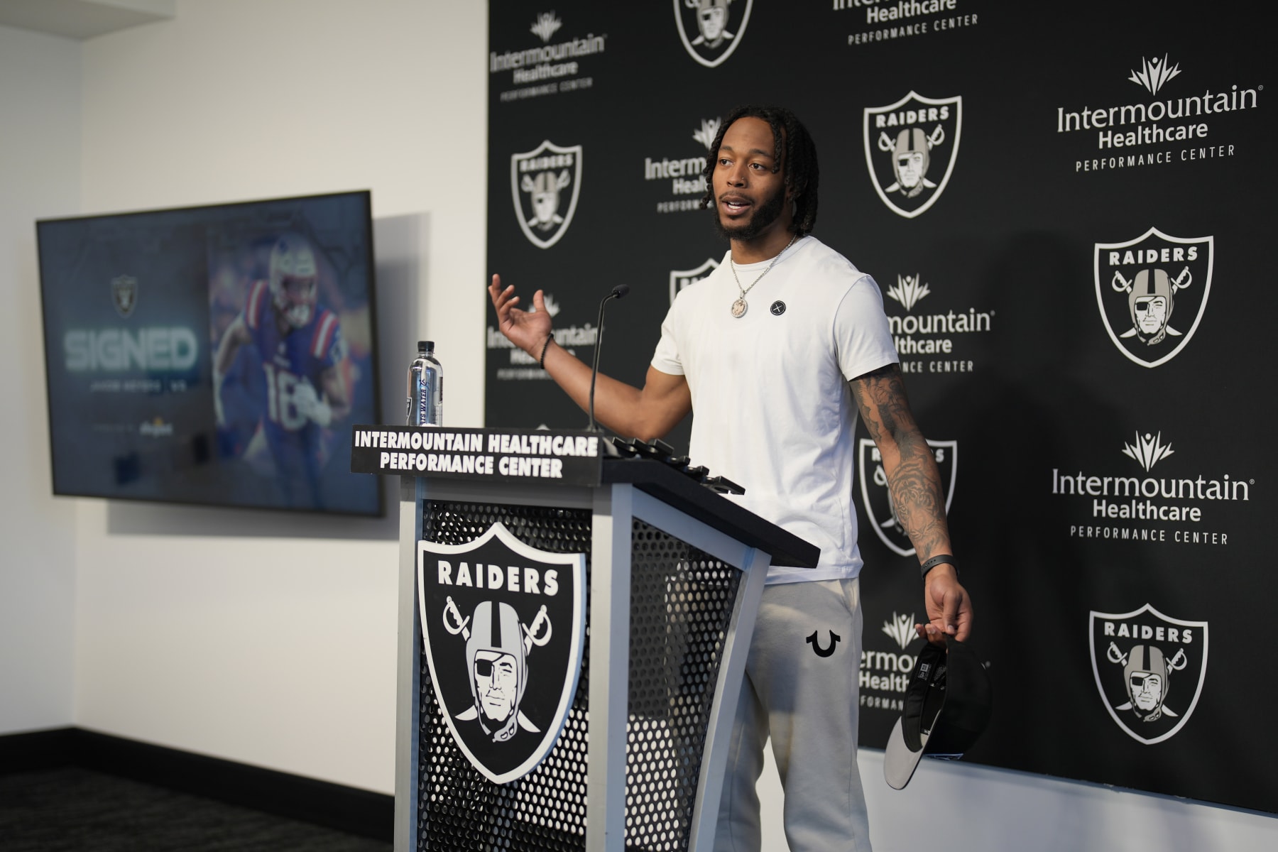 Las Vegas Raiders wide receiver Jakobi Meyers takes questions from reporters at an NFL football news conference Thursday, March 16, 2023, in Henderson, Nev. (AP Photo/John Locher)
