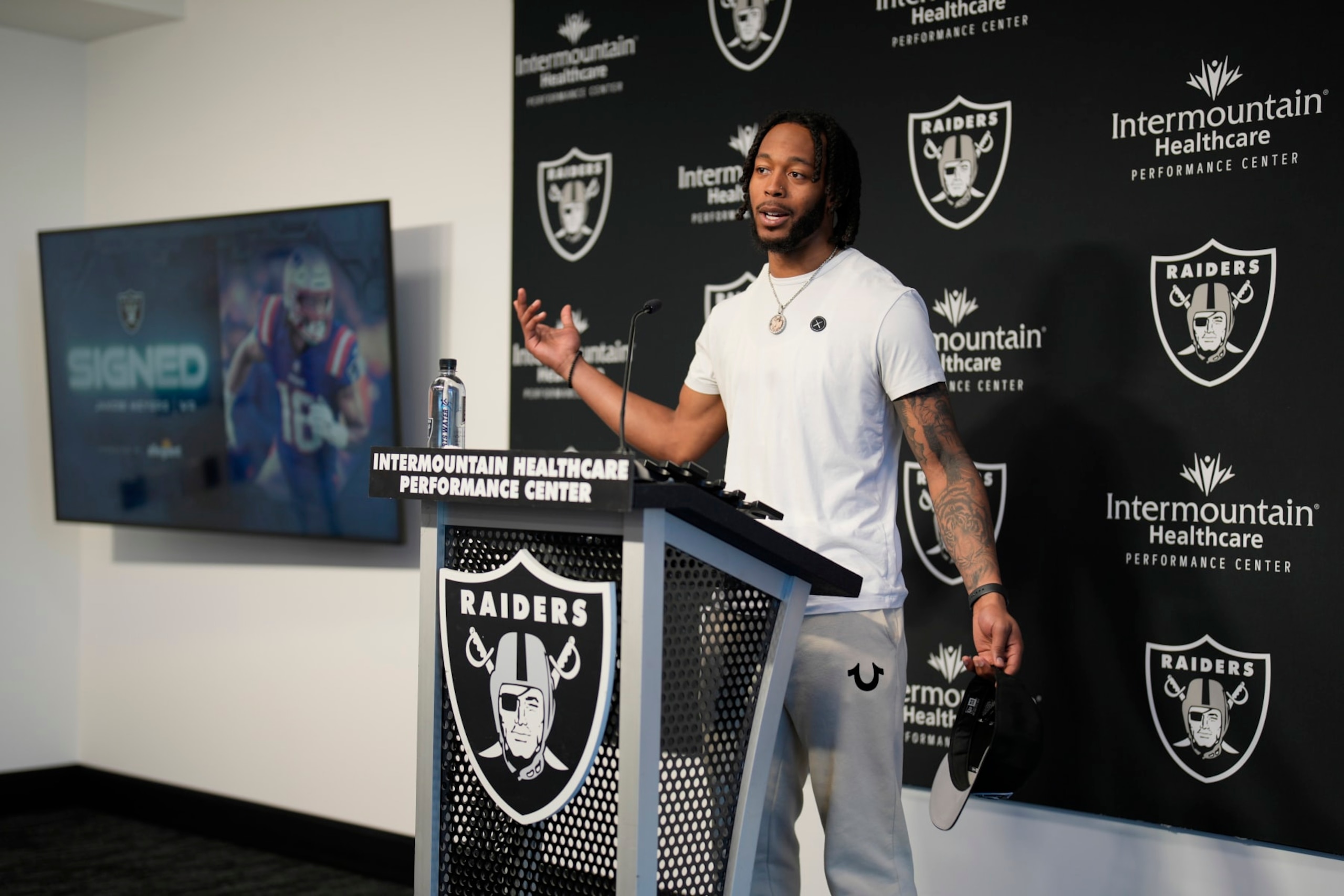 Las Vegas Raiders wide receiver Jakobi Meyers takes questions from reporters at an NFL football news conference Thursday, March 16, 2023, in Henderson, Nev. (AP Photo/John Locher)
