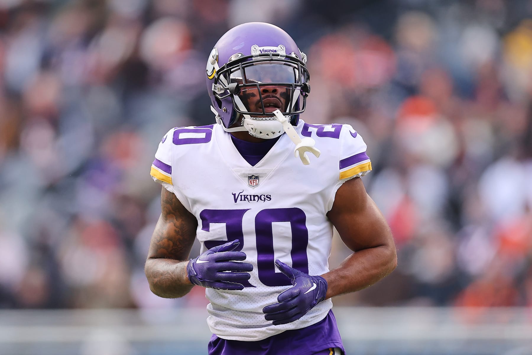 CHICAGO, ILLINOIS - JANUARY 08: Duke Shelley #20 of the Minnesota Vikings looks on against the Chicago Bears at Soldier Field on January 08, 2023 in Chicago, Illinois. (Photo by Michael Reaves/Getty Images)