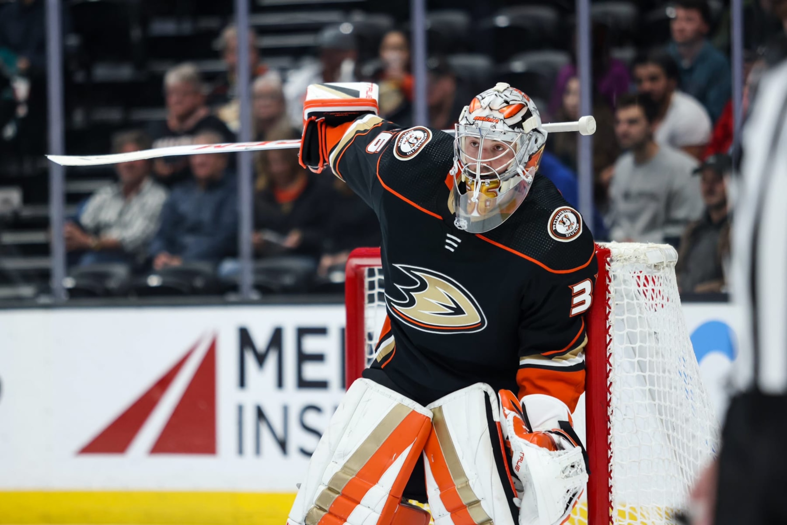ANAHEIM, CALIFORNIA - MARCH 27 : John Gibson #36 of the Anaheim Ducks defends the net during the second period against the Colorado Avalanche at Honda Center on March 27, 2023 in Anaheim, California. (Photo by Nicole Vasquez/NHLI via Getty Images) ANAHEIM, CALIFORNIA - MARCH 27 : John Gibson #36 of the Anaheim Ducks defends the net during the second period against the Colorado Avalanche at Honda Center on March 27, 2023 in Anaheim, California. (Photo by Nicole Vasquez/NHLI via Getty Images)