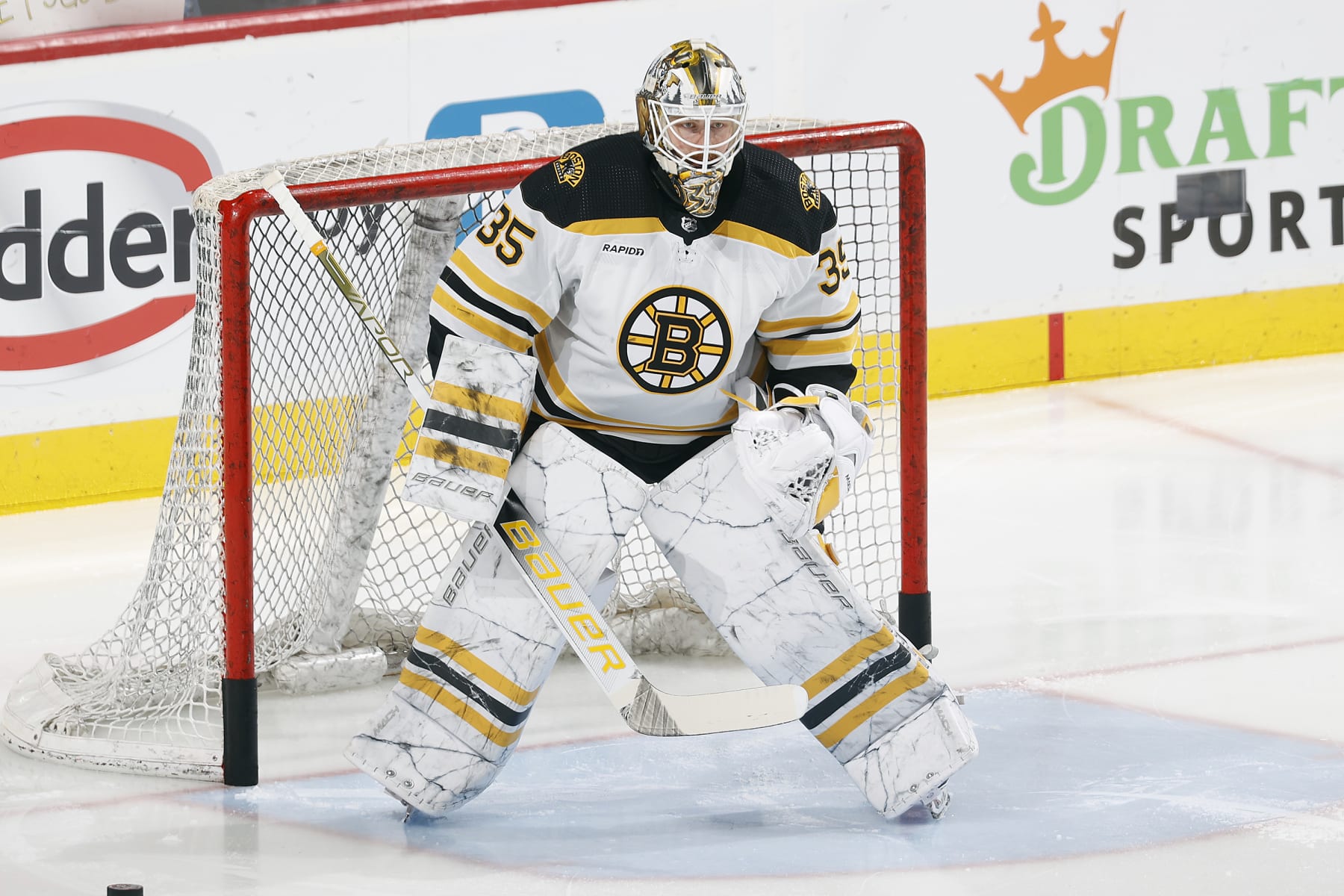SUNRISE, FL - APRIL 28: Goaltender Linus Ullmark #35 of the Boston Bruins warms up prior to the game against the Florida Panthers in Game Six of the First Round of the 2023 Stanley Cup Playoffs at the FLA Live Arena on April 28, 2023 in Sunrise, Florida. (Photo by Joel Auerbach/Getty Images)
