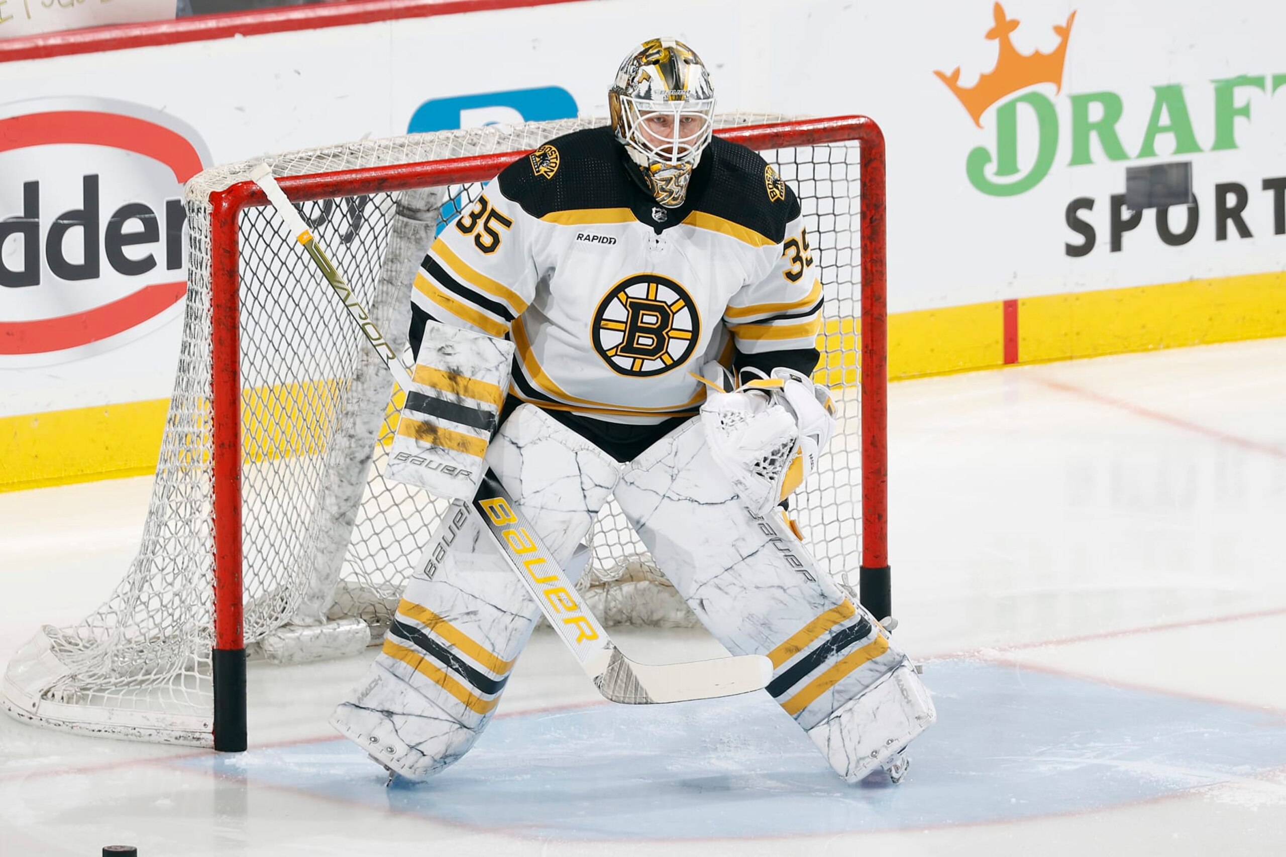 SUNRISE, FL - APRIL 28: Goaltender Linus Ullmark #35 of the Boston Bruins warms up prior to the game against the Florida Panthers in Game Six of the First Round of the 2023 Stanley Cup Playoffs at the FLA Live Arena on April 28, 2023 in Sunrise, Florida. (Photo by Joel Auerbach/Getty Images) SUNRISE, FL - APRIL 28: Goaltender Linus Ullmark #35 of the Boston Bruins warms up prior to the game against the Florida Panthers in Game Six of the First Round of the 2023 Stanley Cup Playoffs at the FLA Live Arena on April 28, 2023 in Sunrise, Florida. (Photo by Joel Auerbach/Getty Images)