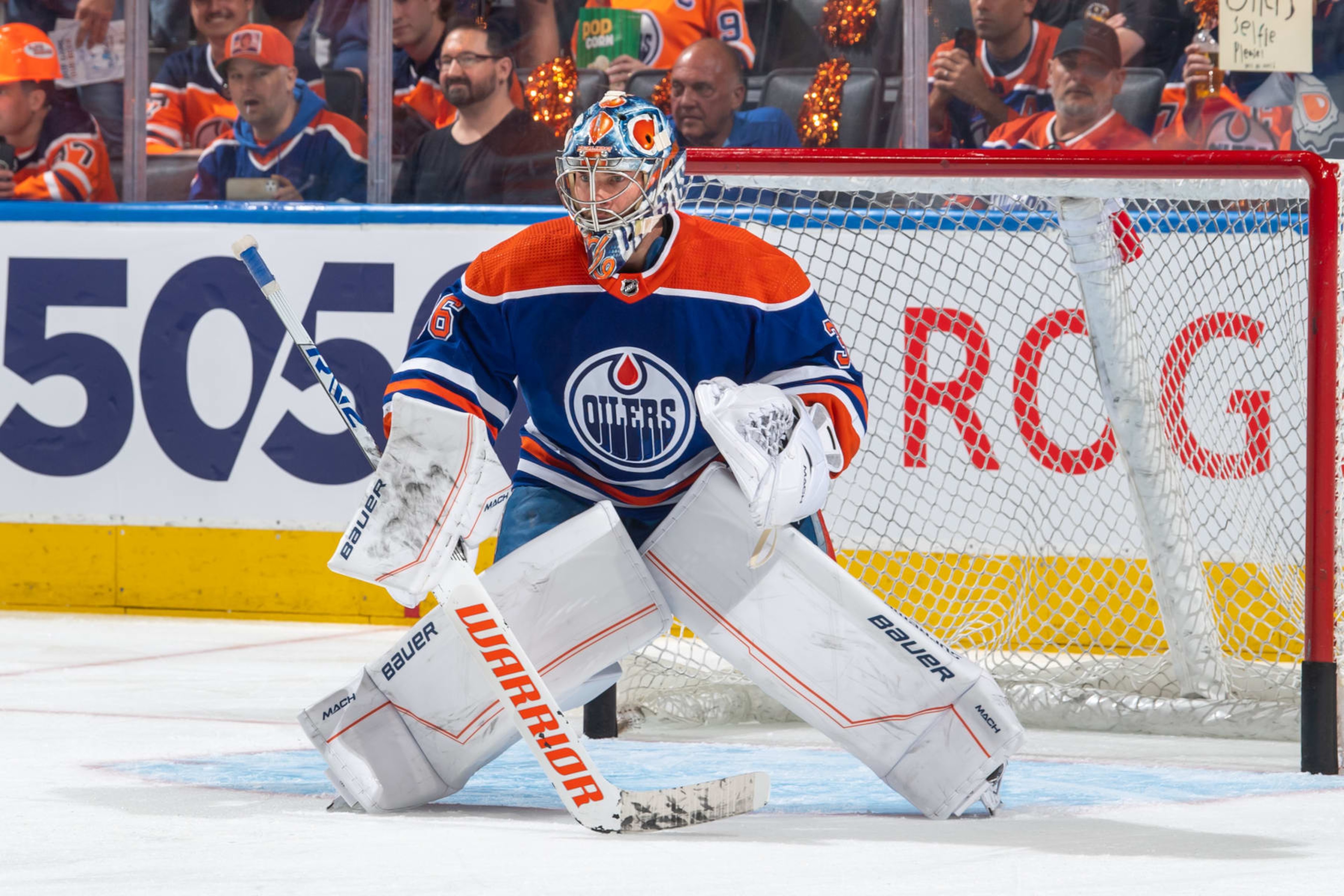 EDMONTON, CANADA - MAY 14 Jack Campbell #36 of the Edmonton Oilers warms up before Game Six of the Second Round of the 2023 Stanley Cup Playoffs against the Vegas Golden Knights at Rogers Place on May 14, 2023, in Edmonton, Alberta, Canada. (Photo by Andy Devlin/NHLI via Getty Images)