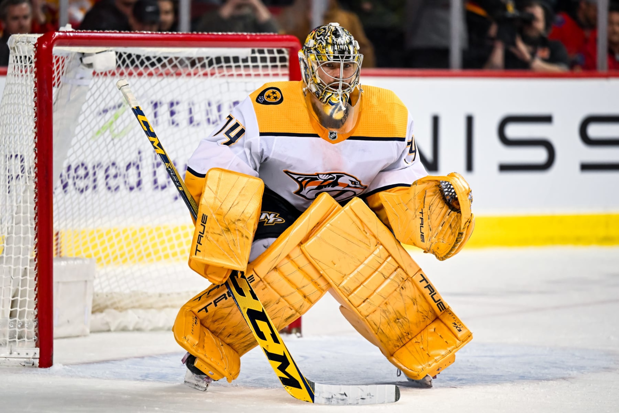 CALGARY, AB - APRIL 10: Nashville Predators Goalie Juuse Saros (74) gets ready for a faceoff during the third period of an NHL game between the Calgary Flames and the Nashville Predators on April 10, 2023, at the Scotiabank Saddledome in Calgary, AB. (Photo by Brett Holmes/Icon Sportswire via Getty Images) CALGARY, AB - APRIL 10: Nashville Predators Goalie Juuse Saros (74) gets ready for a faceoff during the third period of an NHL game between the Calgary Flames and the Nashville Predators on April 10, 2023, at the Scotiabank Saddledome in Calgary, AB. (Photo by Brett Holmes/Icon Sportswire via Getty Images)